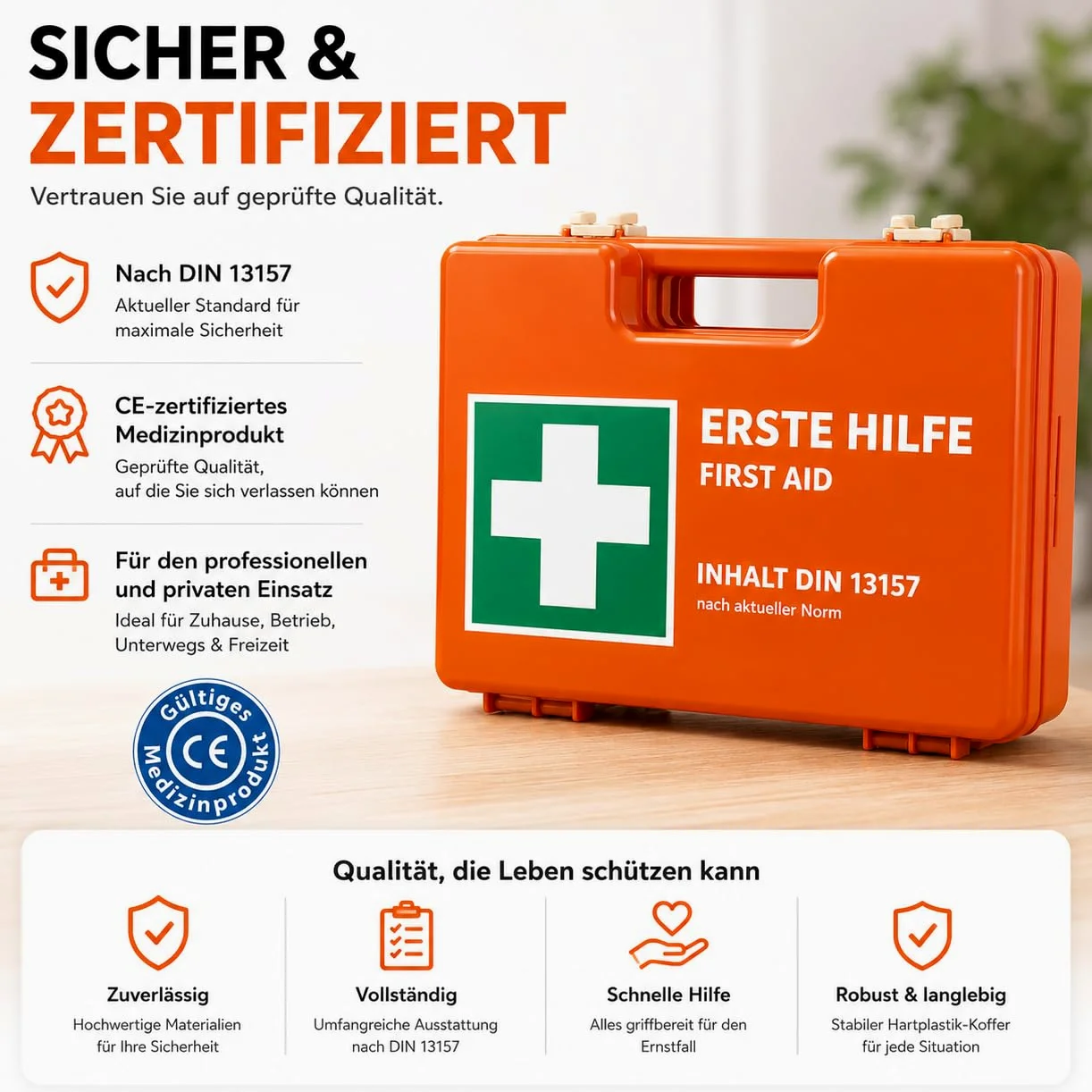 Botiquín de primeros auxilios - Caja DIN 13157 para pared, hogar y empresa - y 5 pegatinas - botiquín de primeros auxilios naranja - incl. montaje en pared