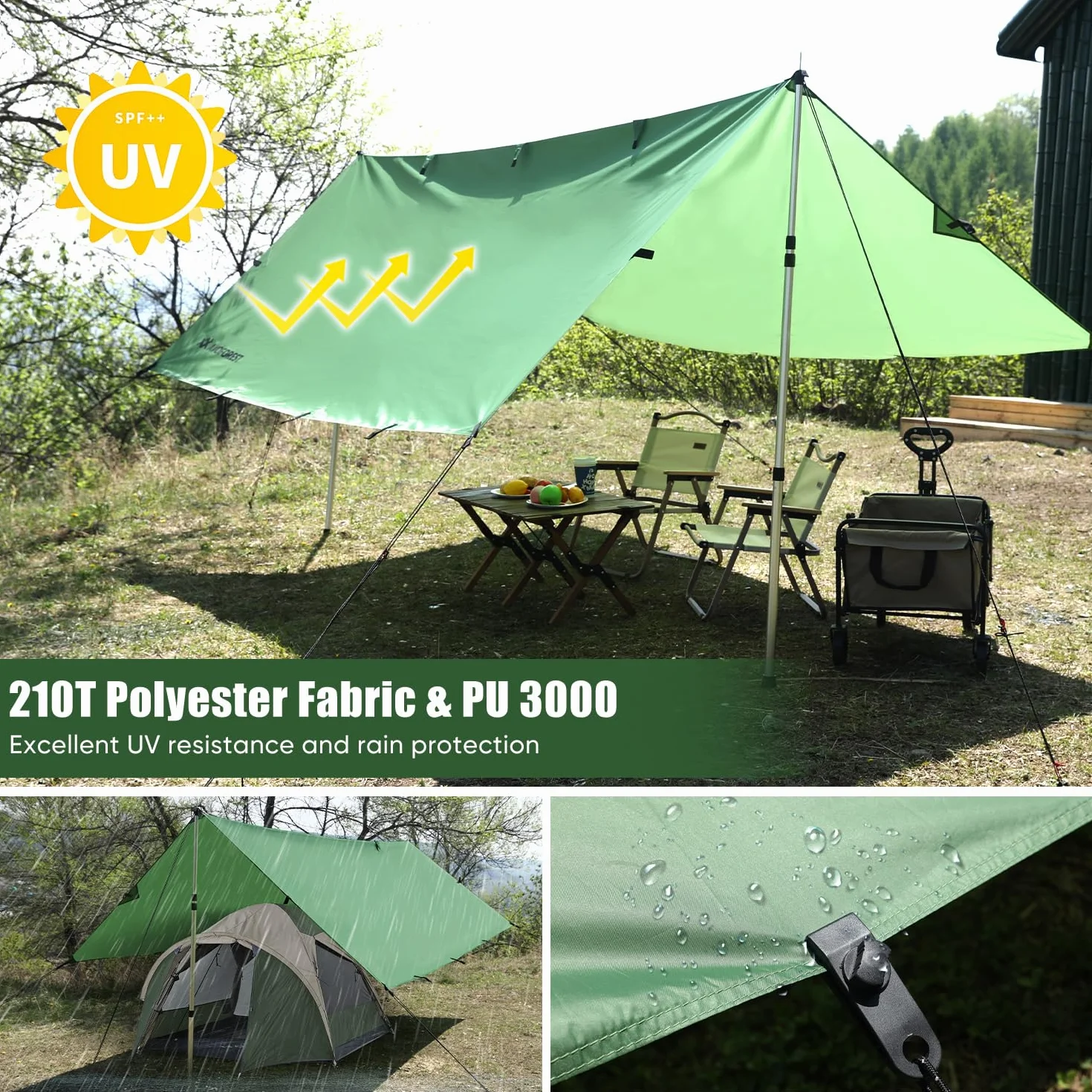 Lona impermeable 3 x 3, lona ultraligera, lona de camping con 19 ojales, pasadores de aluminio, cuerdas de nailon, clips para tiendas de campaña, anti UV, nieve y lluvia, para camping