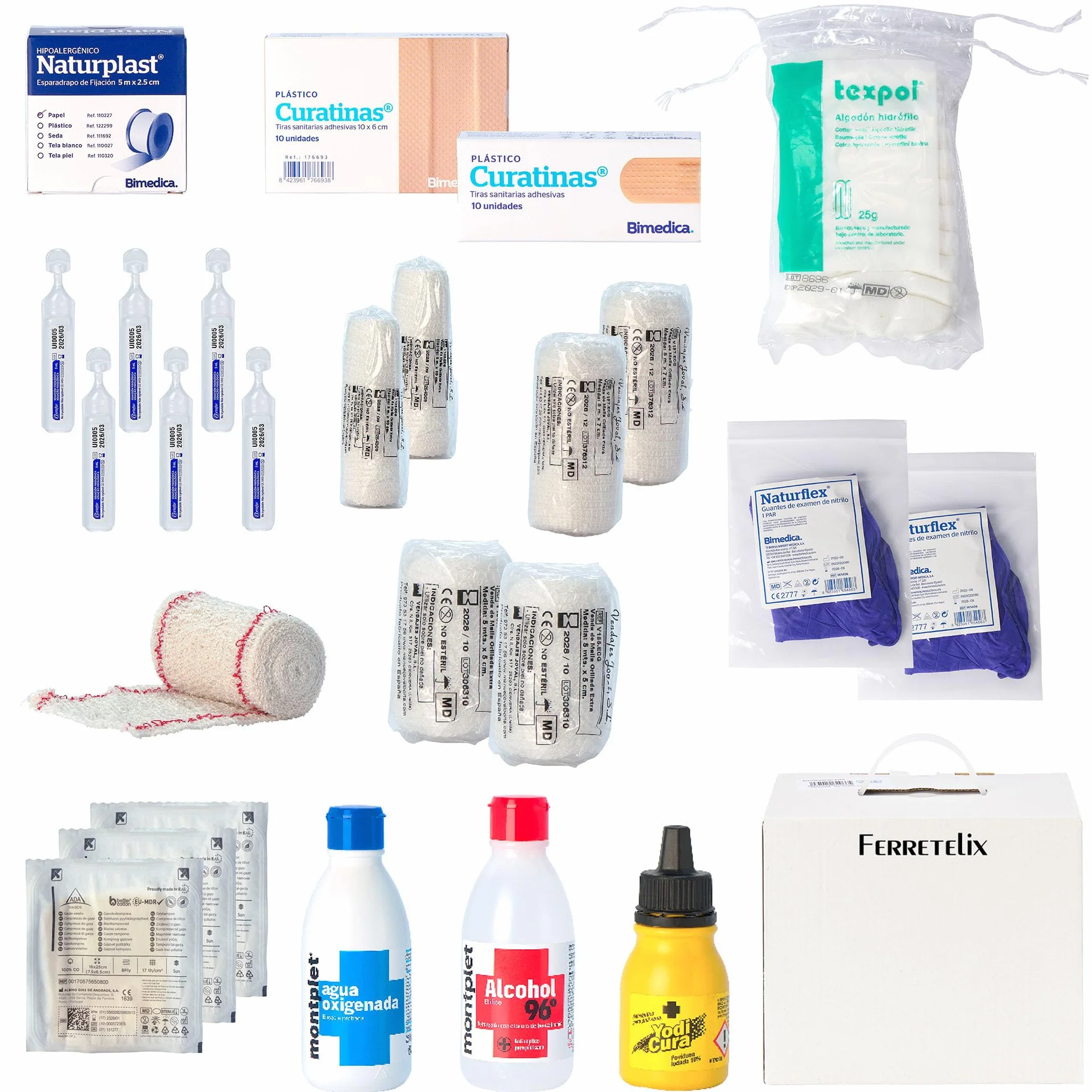 FERRETELIX® Kit de Reposición para Botiquín de Primeros Auxilios Homologado CE Fabricado en España
