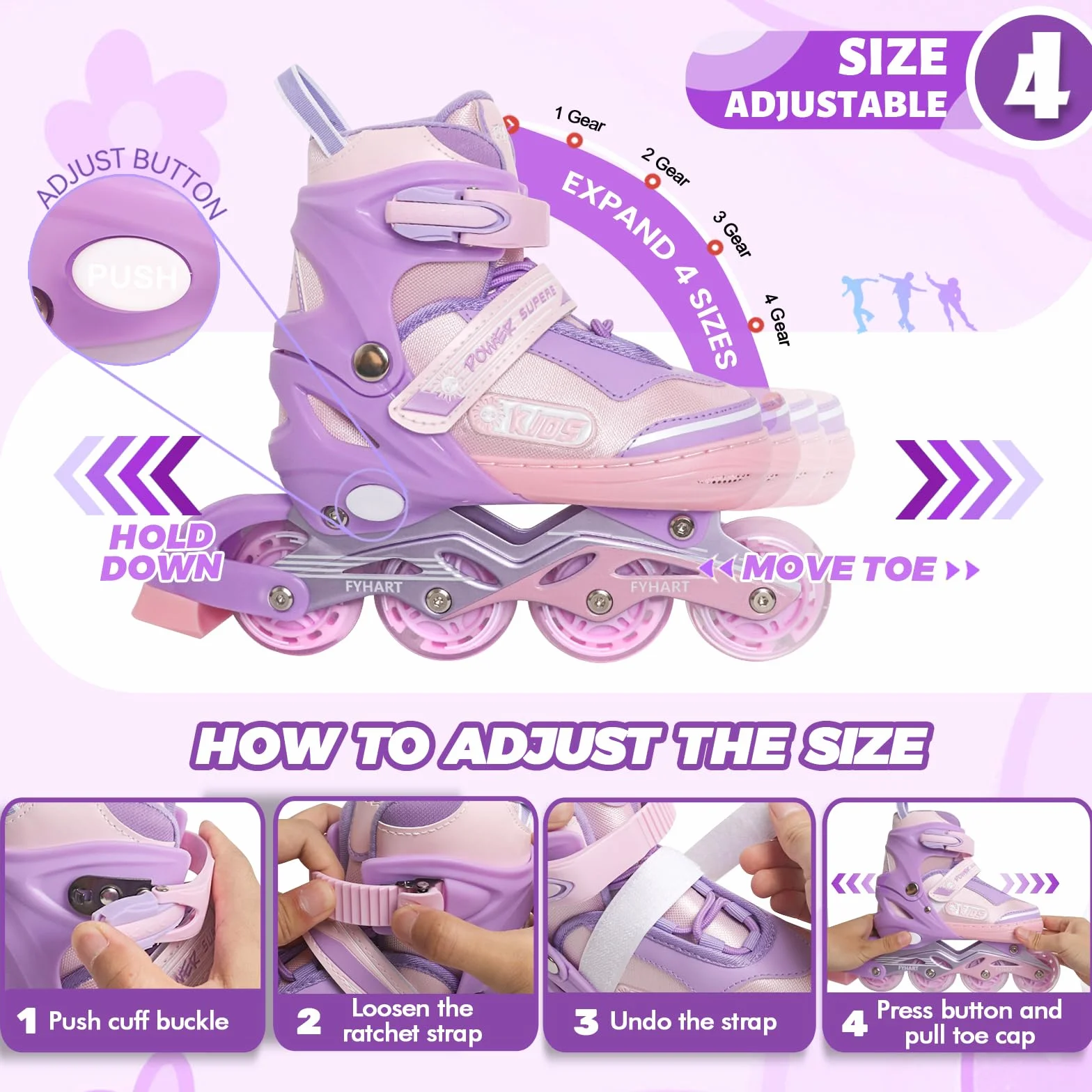 Patines en línea Ajustables para Niños y Niñas, 4 Ruedas con Ruedas Luminosas, Rosa Violet