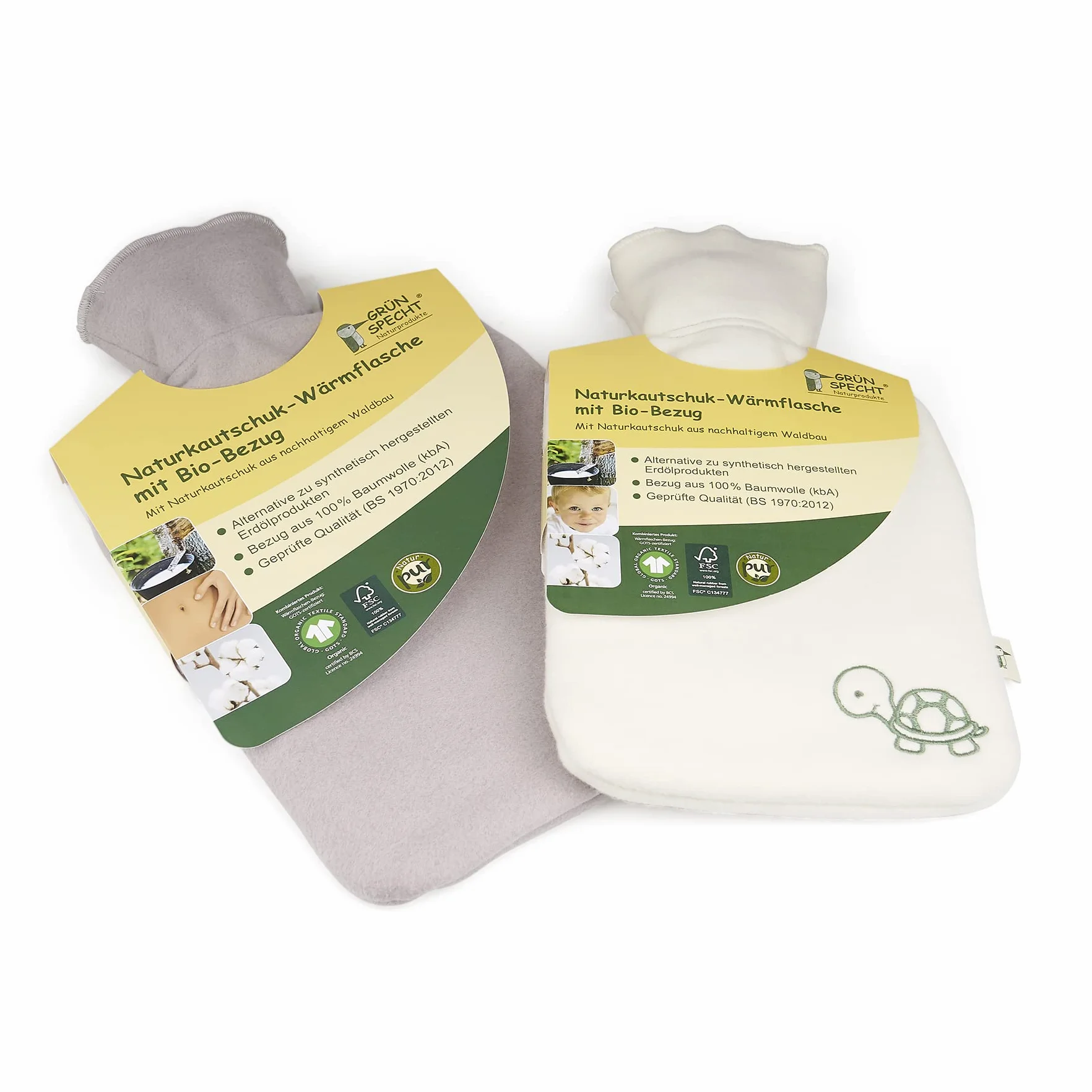 GRÜNSPECHT Botella de agua caliente de caucho natural con funda ecológica blanca 100% algodón GOTS pequeña