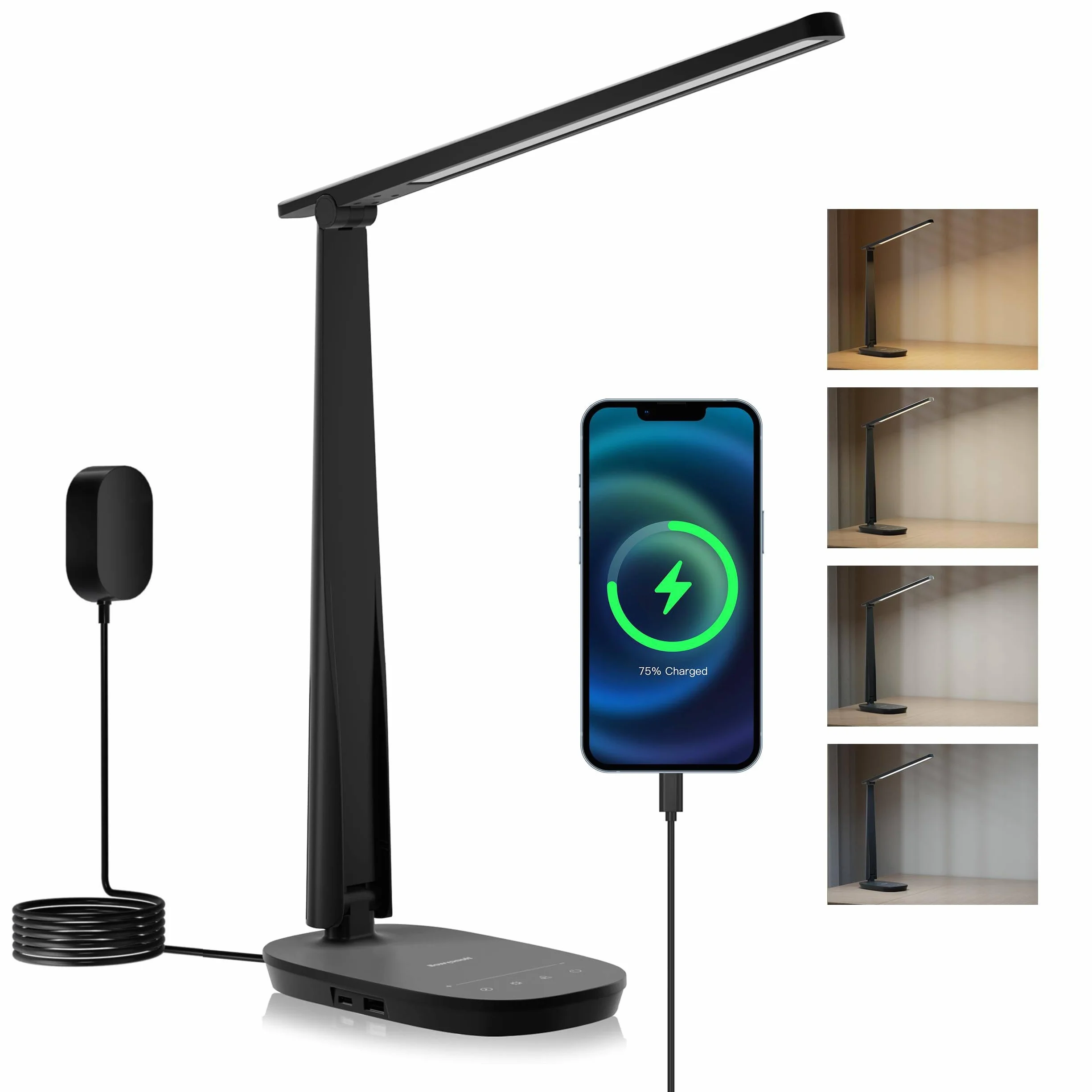 Honeywell HWT-H2 Lámpara de Escritorio LED, Luz de Espectro Completo CRI94, Lámpara de Mesa Regulable con Puertos USB-A y USB-C, Control Táctil, Lámpara Plegable para Oficina, Lectura y Estudio, Negro