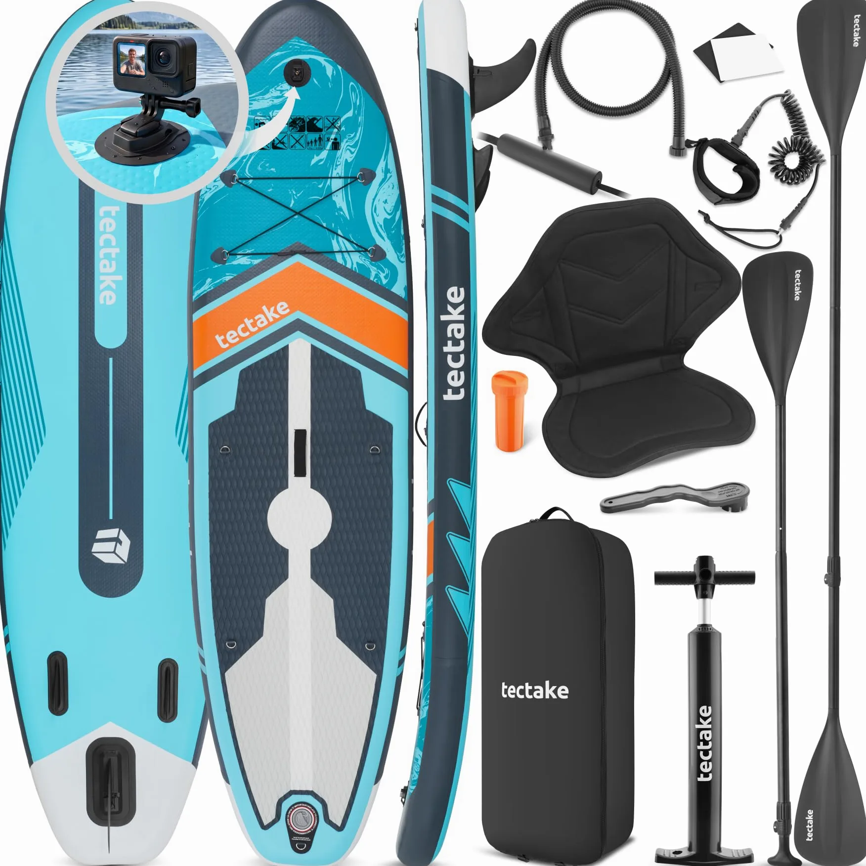 tectake® Tabla Sup Hinchable, Soporte Cámara, 200 kg, Antideslizante | Asiento de Kayak, hasta 200 kg, Antideslizante, 288 cm, Material Drop-Stitch, Raqueta Doble Ajustable, SUP, Turquesa/Naranja