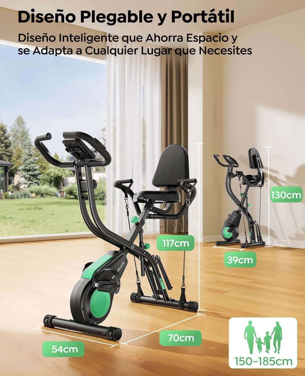Toputure Bicicleta Estática 5 en 1 con App, Bici Estática Plegable para Casa y Espacios Reducidos, 16 Niveles Magnética Silenciosa, con Bandas de resistencia, Respaldo y Pulsómetro, Máx 140KG