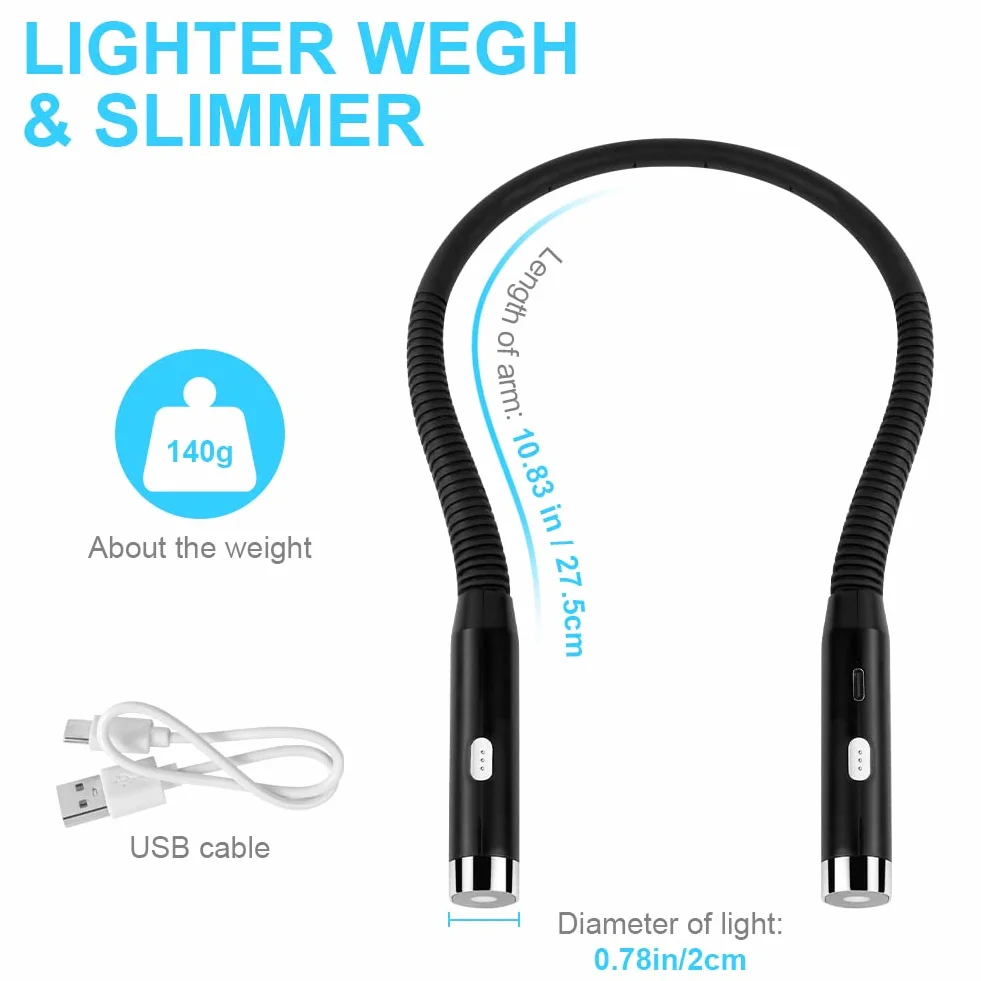 URAQT Luz de Lectura Recargable Cuello Flexible, 3 Colores 3 Niveles Brillo Ajustables para Leer Nocturna