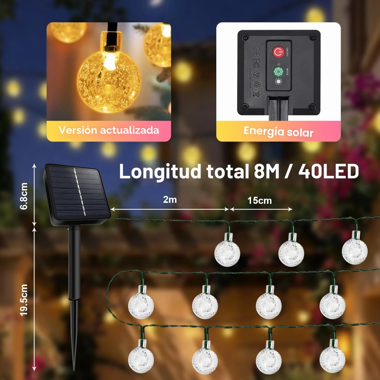 AGOTD Cadena de luces solares LED 40 IP65 8 modos bolas de cristal resistente al agua para exteriores