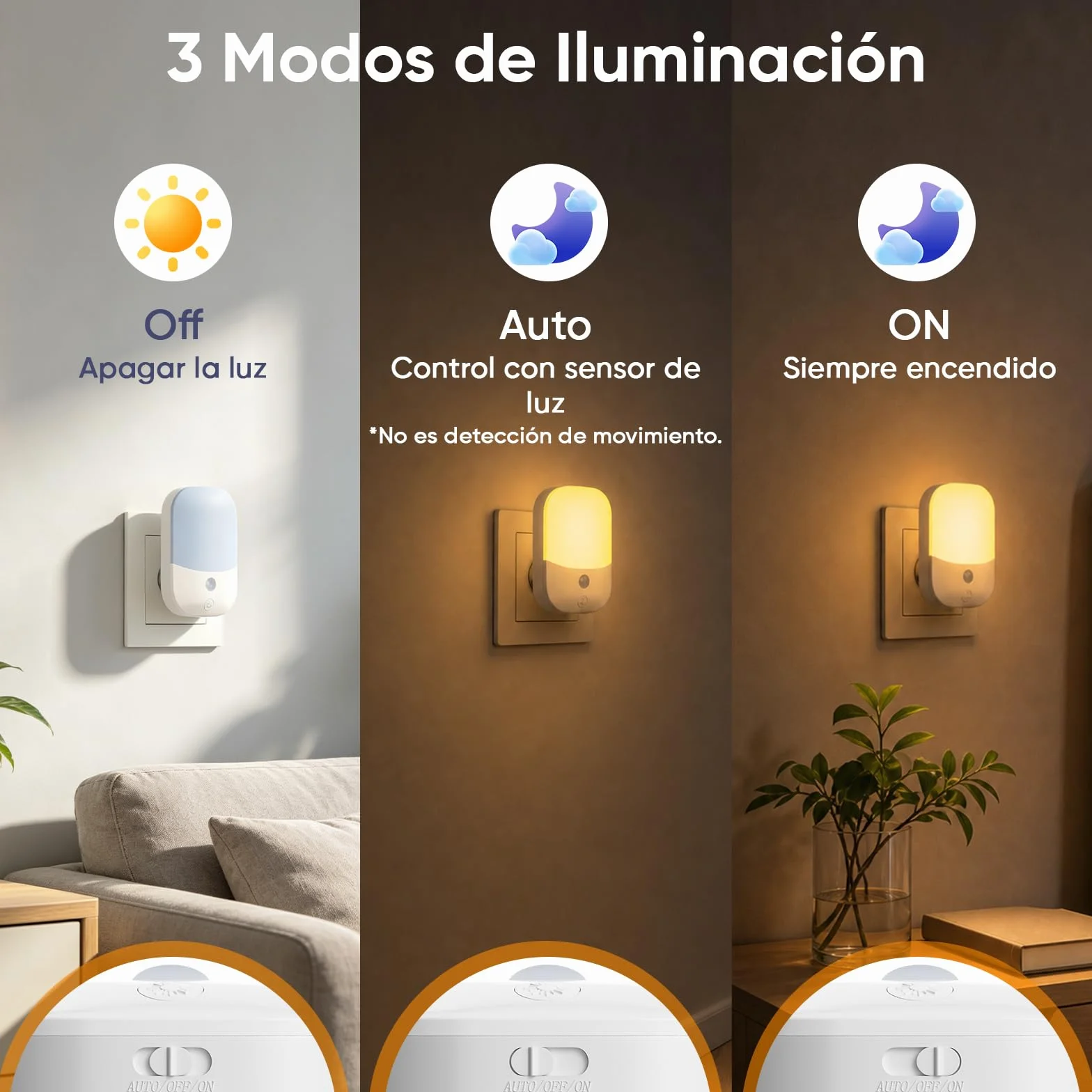 Suright Lámpara Nocturna Infantil 2 Piezas, Sensor de Luz Inteligente, 5 Brillos Regulables, 3 Modos, Blanca Cálida 0.3W