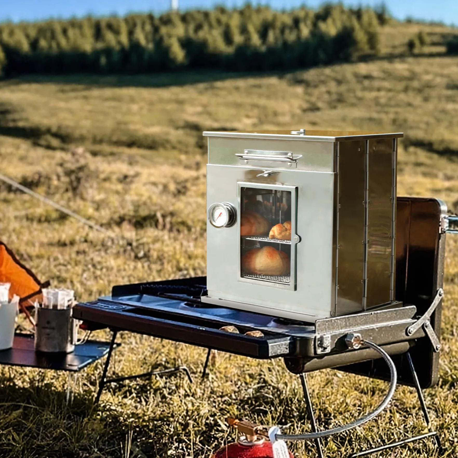 REDCAMP Horno de camping plegable de 14 pulgadas de alto con parrilla de 2 niveles, estufa de camping portátil de acero inoxidable para hornear rollos de canela, panes y magdalenas con fuego de leña