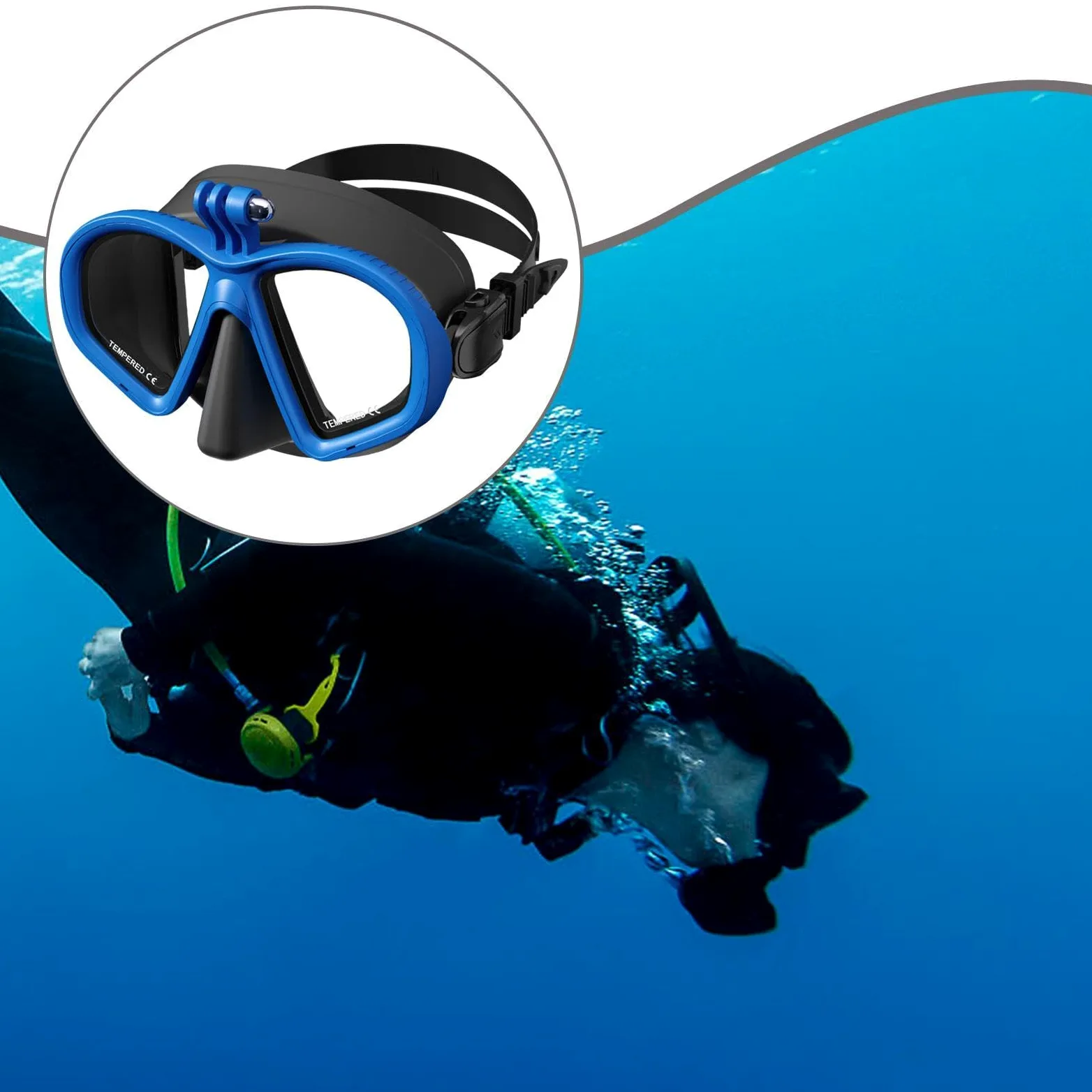 Máscara de Buceo, Máscara de Snorkel, Gafas, Equipo de Natación, Fabricado en Vidrio Templado con Soporte para Cámara Incorporado.