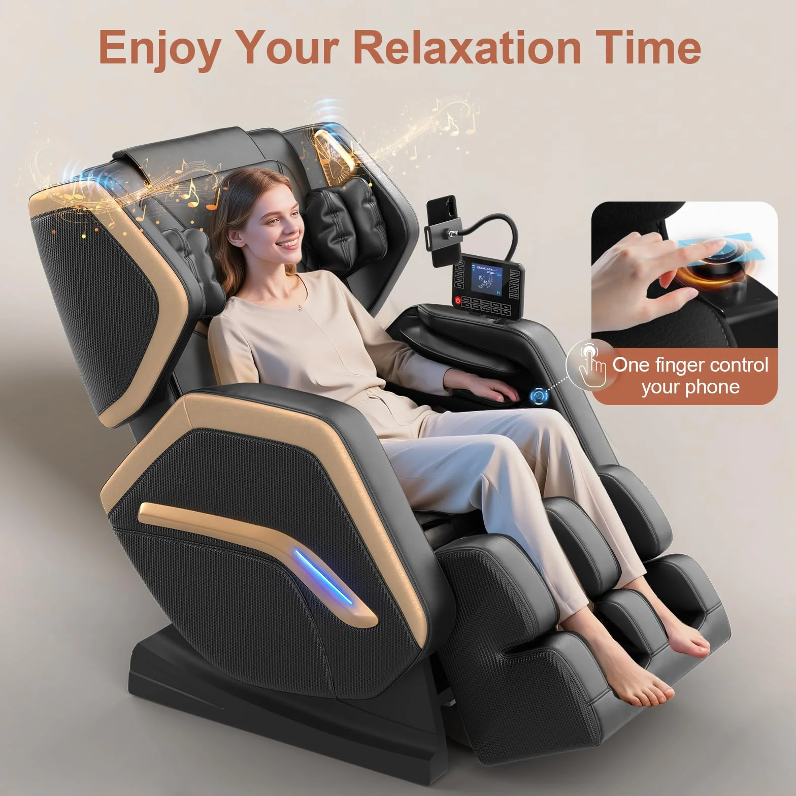 Sillón de Masaje para Todo el Cuerpo, 14 Rodillos, Calefacción, Masaje de Pies, 8 Airbags, Bluetooth, Mando a Distancia
