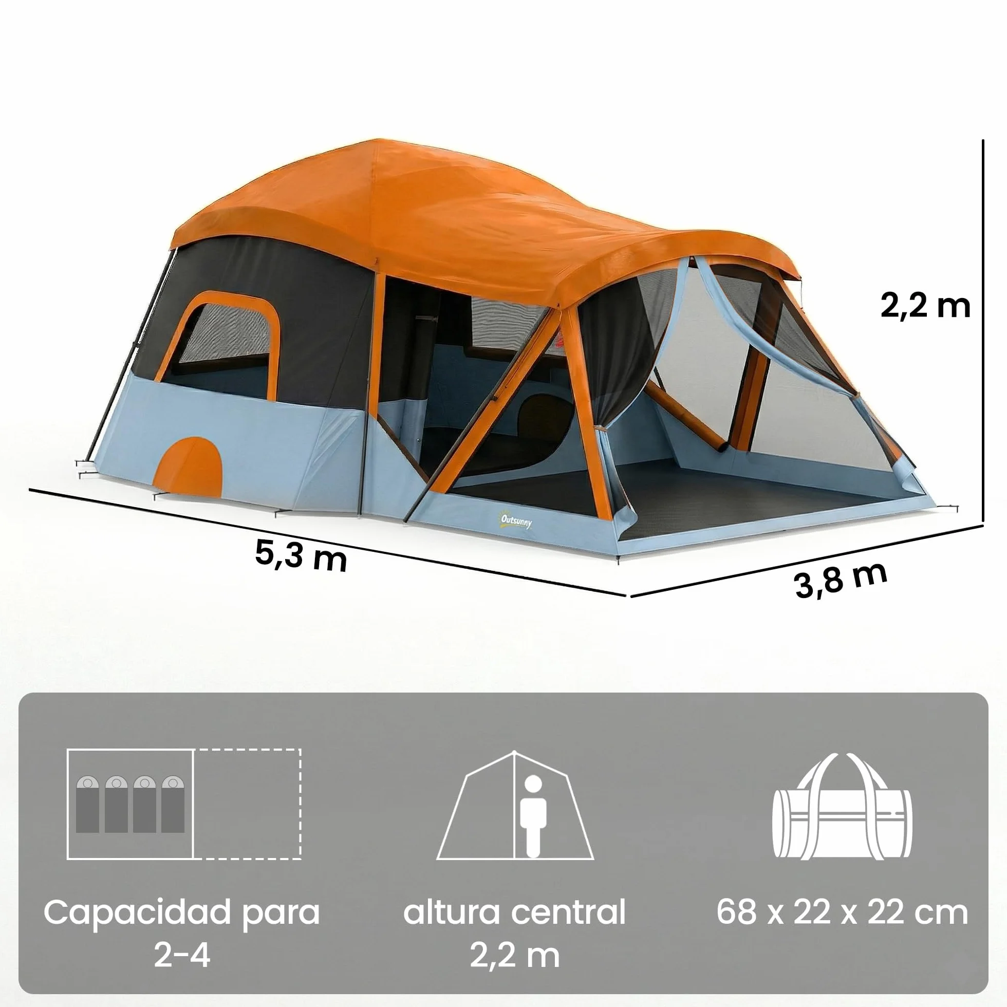 Outsunny Tienda de Campaña Familiar para 4 Personas Tienda Camping Plegable Tipo Túnel con 2 Habitaciones Puertas Ventanas Tragaluces Bolsa y Gancho Impermeable 3000 mm Fácil Montaje para Senderismo