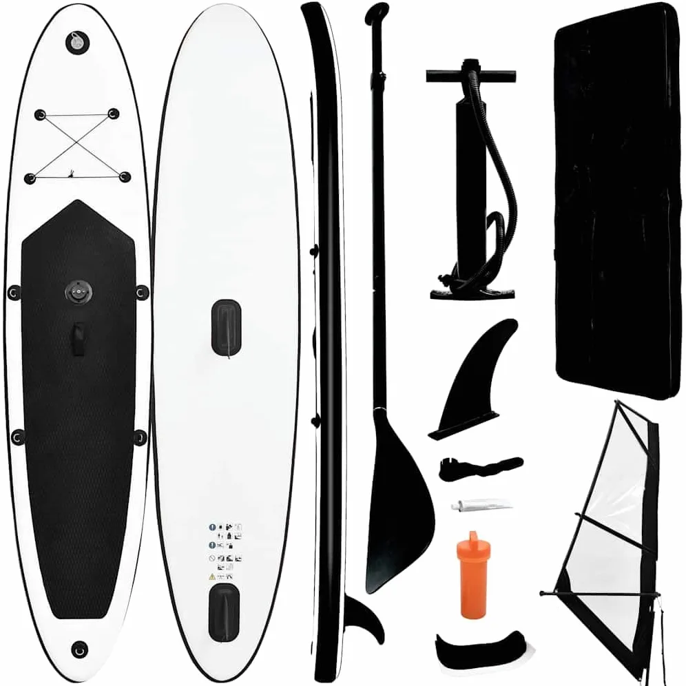 vidaXL Tabla de remo inflable con juego de vela, color blanco y negro