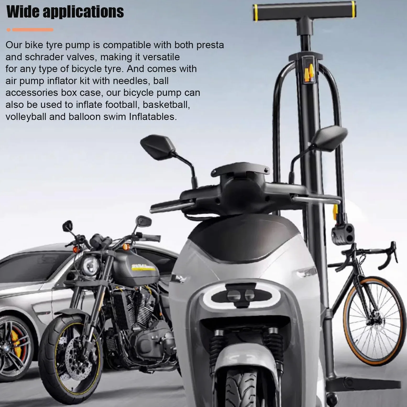 Bomba de Bicicleta - Bomba de Piso para Bicicleta - Bomba de Bola - Bomba de Aire de Alta Presión de 200 PSI con Válvula Presta y Schrader para Todas Las Bicicletas y Pelotas Deportivas