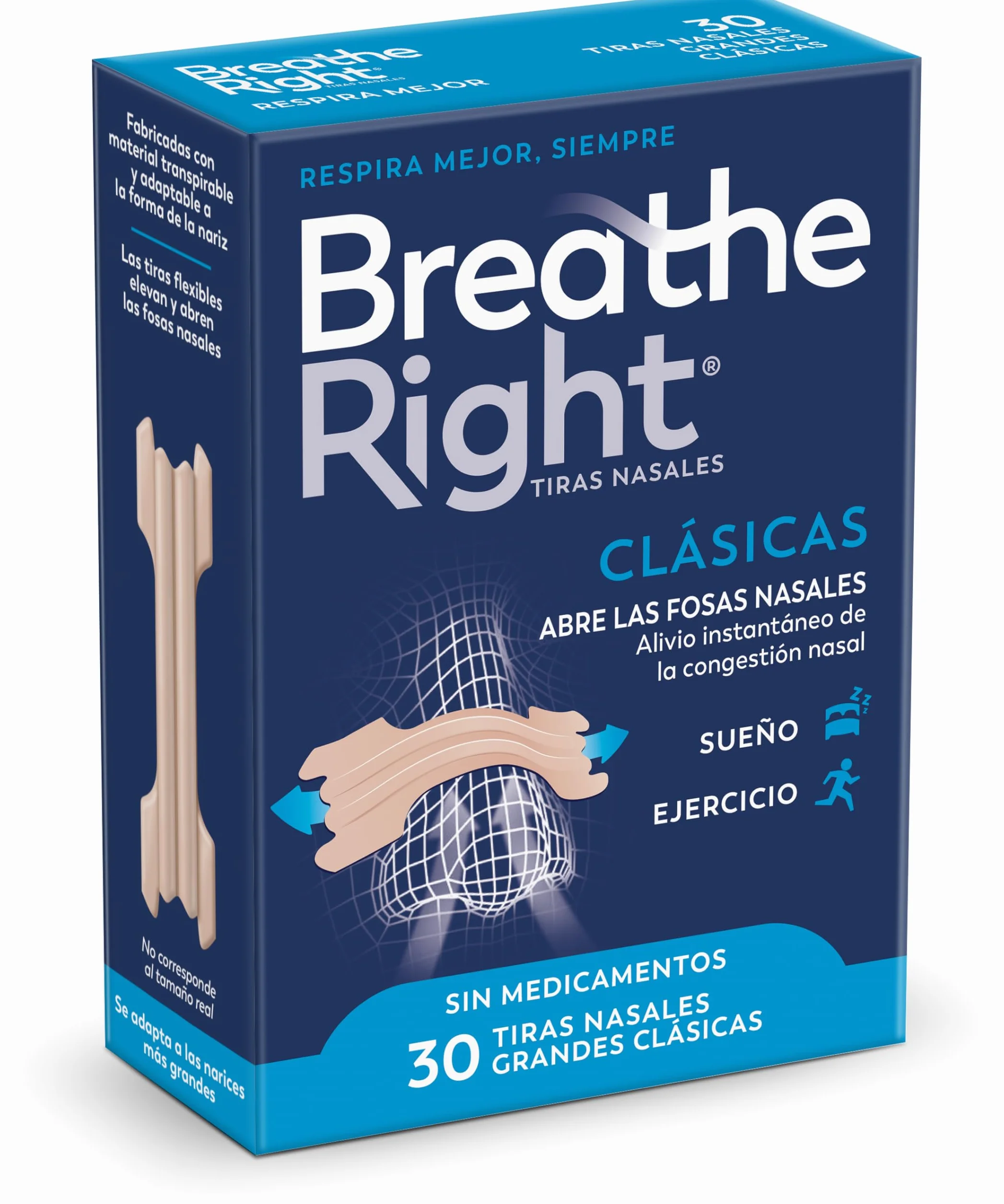 Breathe Right Clásicas 30 Tiras Nasales Alivio Congestión Nasal Reducir Ronquidos Grande