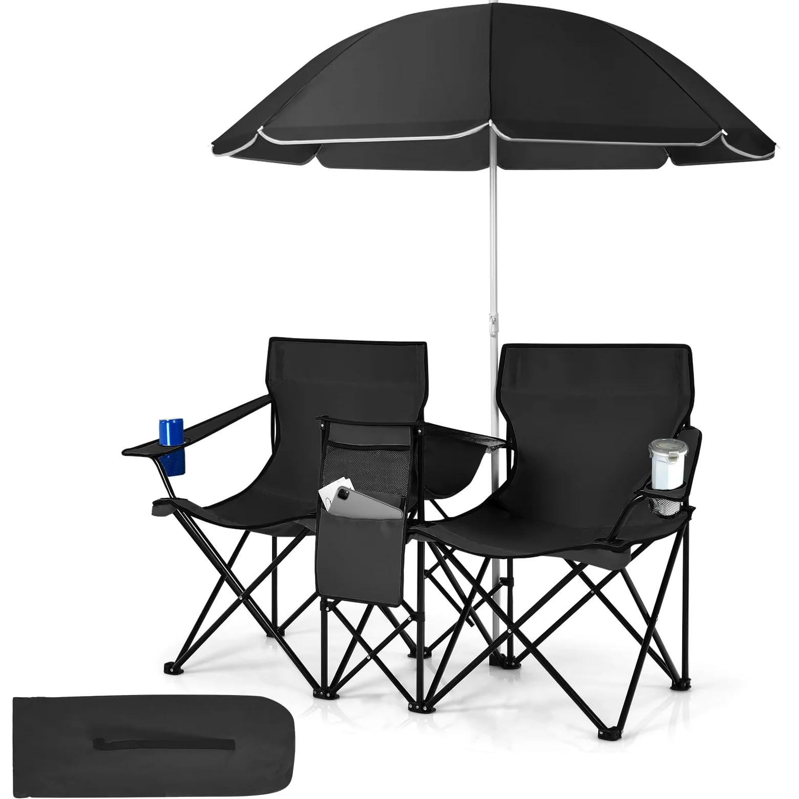 GIANTEX Juego de 2 Sillas de Camping Plegables con Sombrilla, Sillas de Pesca para 2 Plazas con Portavasos y Bolsa Nevera, para 2 Personas, con Bolsa de Transporte (Negro)