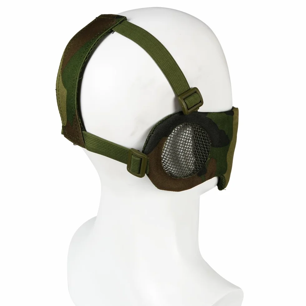 máscara táctica para Airsoft, Media Cara Inferior, Malla de Acero de Metal, protección para los oídos para Paintball al Aire Libre