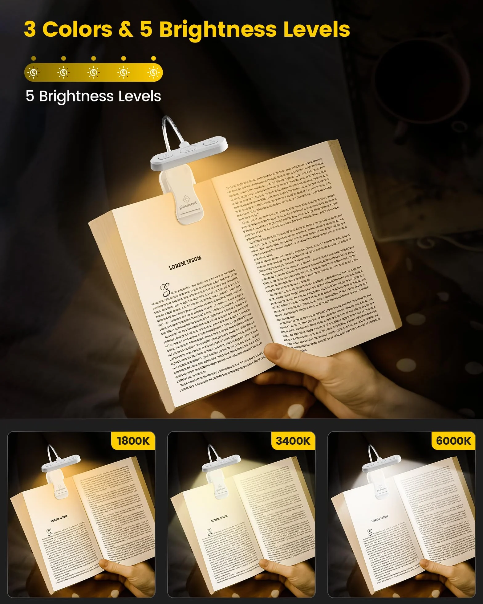 Glocusent Lampara de Lectura Recargable con Pinza 3 Colores 5 Brillos Compacta