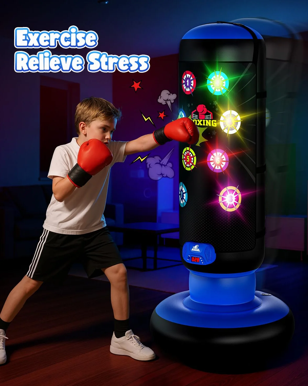 Saco de Boxeo para Niños con Música y Luz, Bolsa de Boxeo Inflable Interactiva, Guante de Boxeo Incluido, Azul