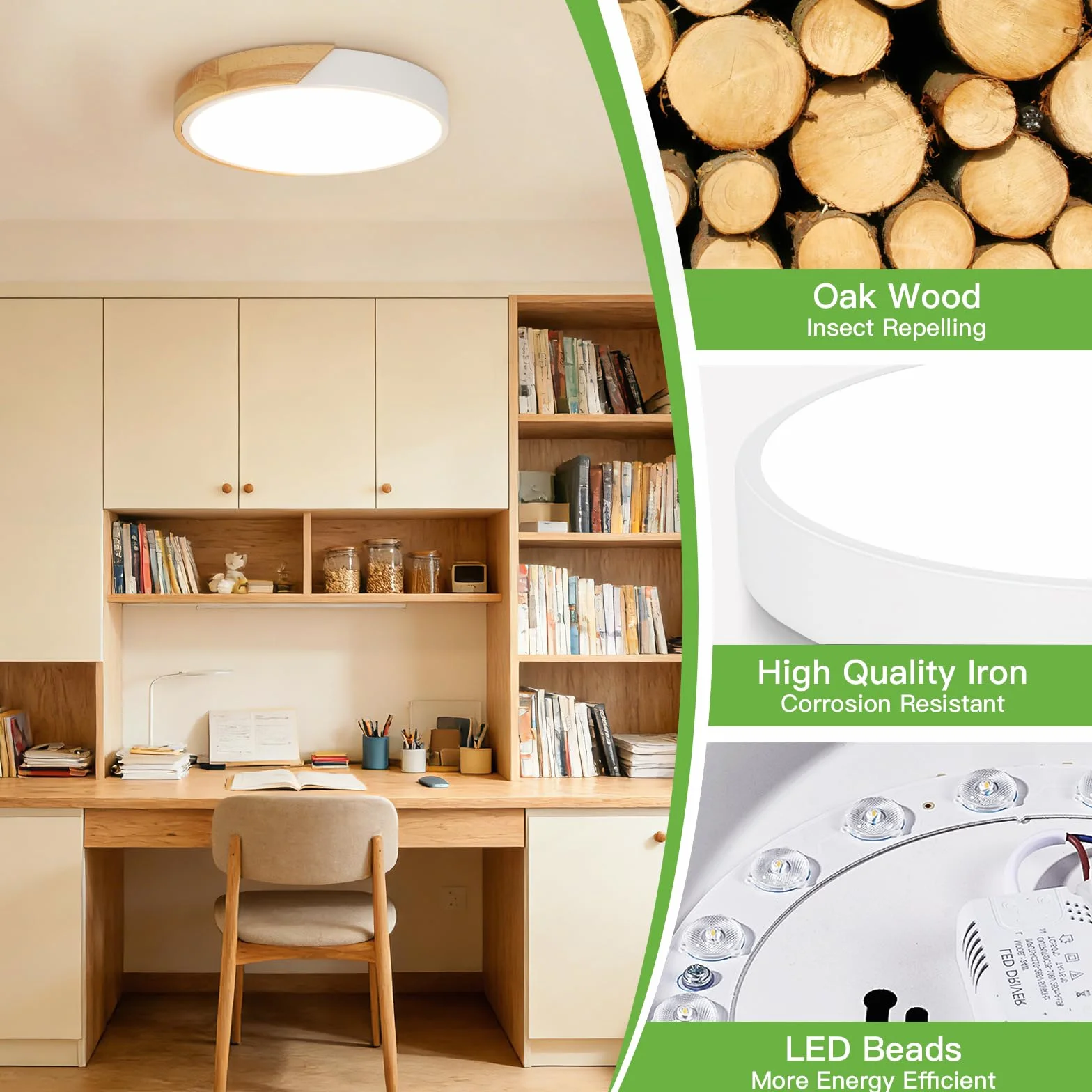 Kimjo Lámpara LED Techo Redonda 24W φ30cm 3000K 2400LM Plafón Madera Blanco