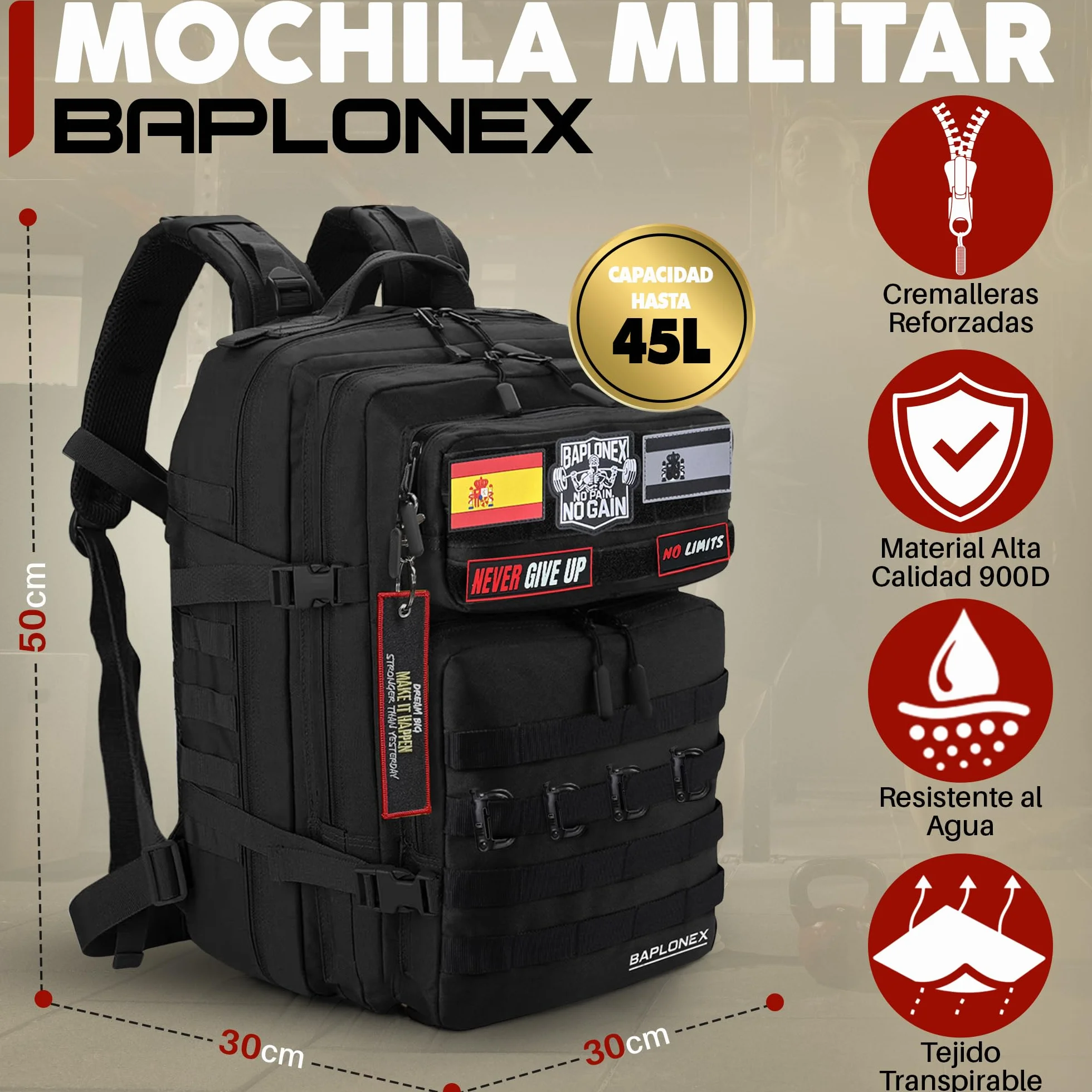 Mochila Militar 45L Tactica para Cross Training y Gimnasio con 5 Parches y Llavero
