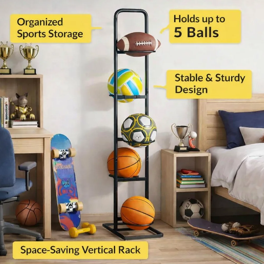 Soporte para Balones – Estante Vertical Universal de 5 Niveles en Acero al Carbono para Baloncesto, Fútbol, Rugby y Voleibol – Altura 144 cm, Negro