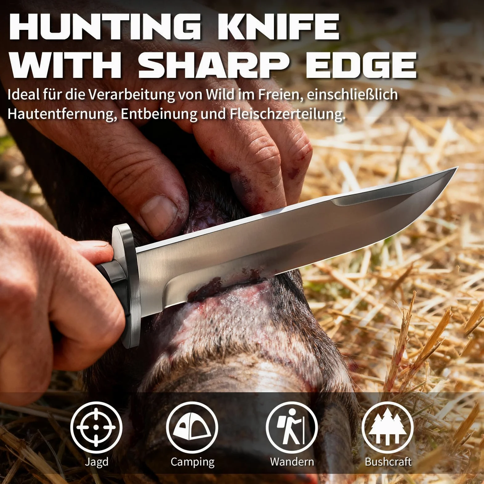 Omesio Cuchillo Outdoor Hoja Fija 5Cr14MoV con Funda de Cuero | Mango de madera maciza con funda de cuero, ideal para camping, senderismo y actividades al aire libre.
