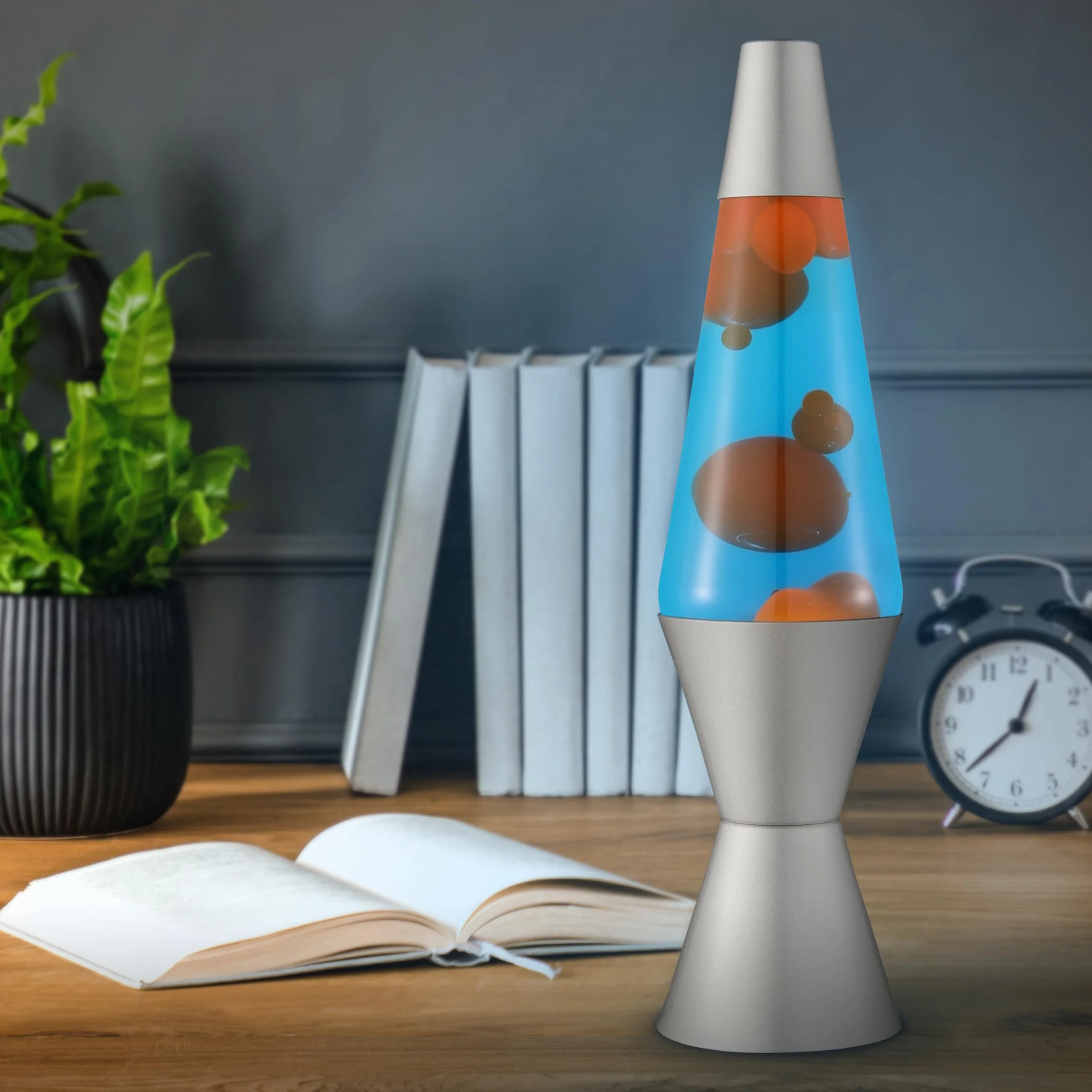 LAVA® Lámpara Lava 2117, original 14,5 pulgadas, cera naranja, líquido azul, plateado