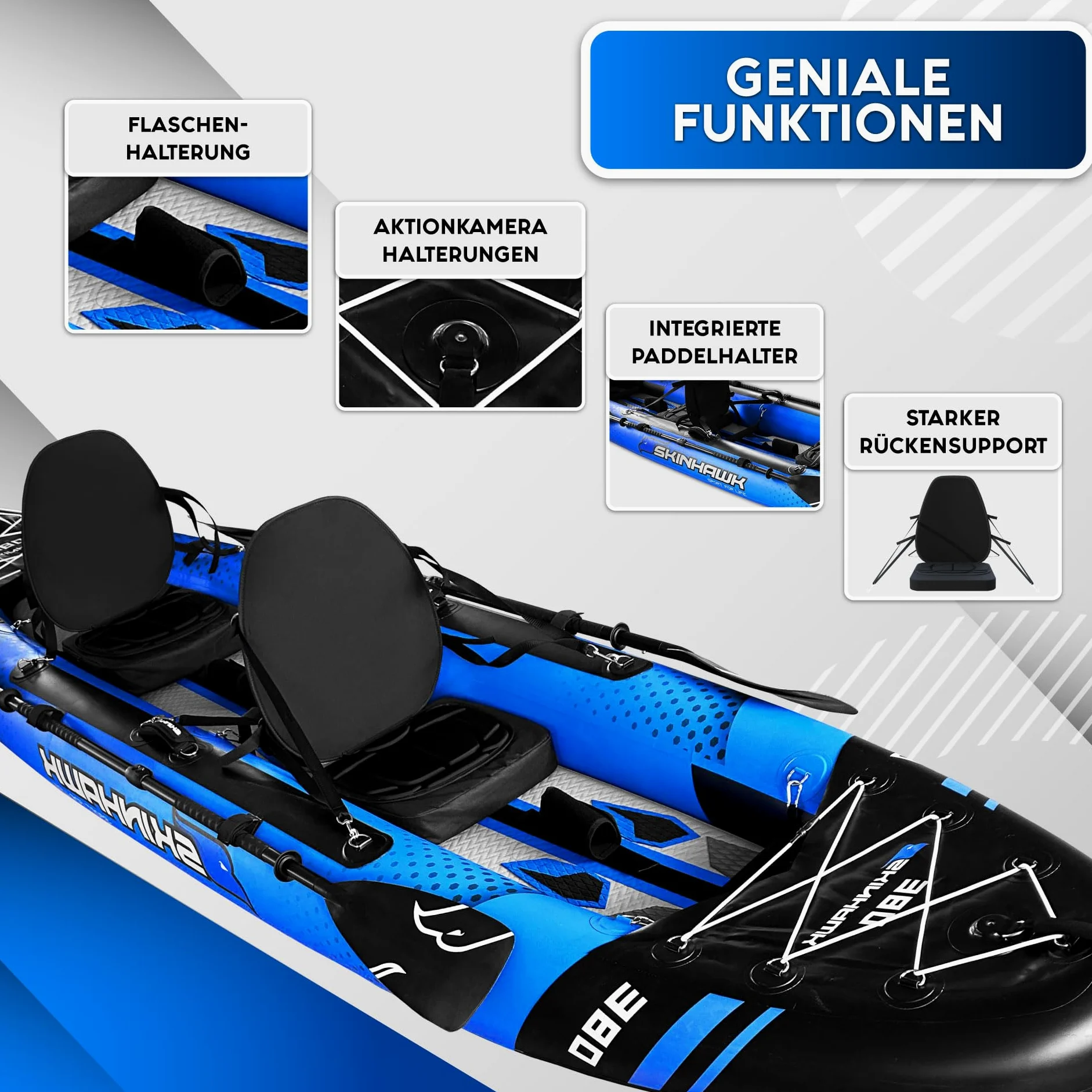 SKINHAWK Exclusivo juego de kayak azul 380 – bote inflable – canoa – 380 x 96 cm – kayak para 2 personas