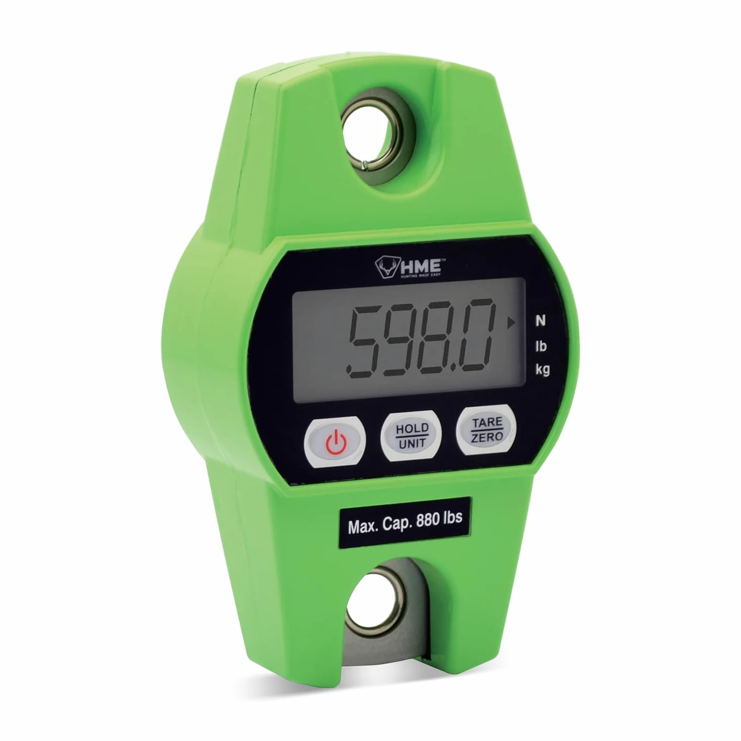 HME Báscula colgante digital de caza duradera y versátil con función de tara, peso máximo de 400 kg, 2 baterías incluidas, gancho de hierro, función de modo N/lb/kg