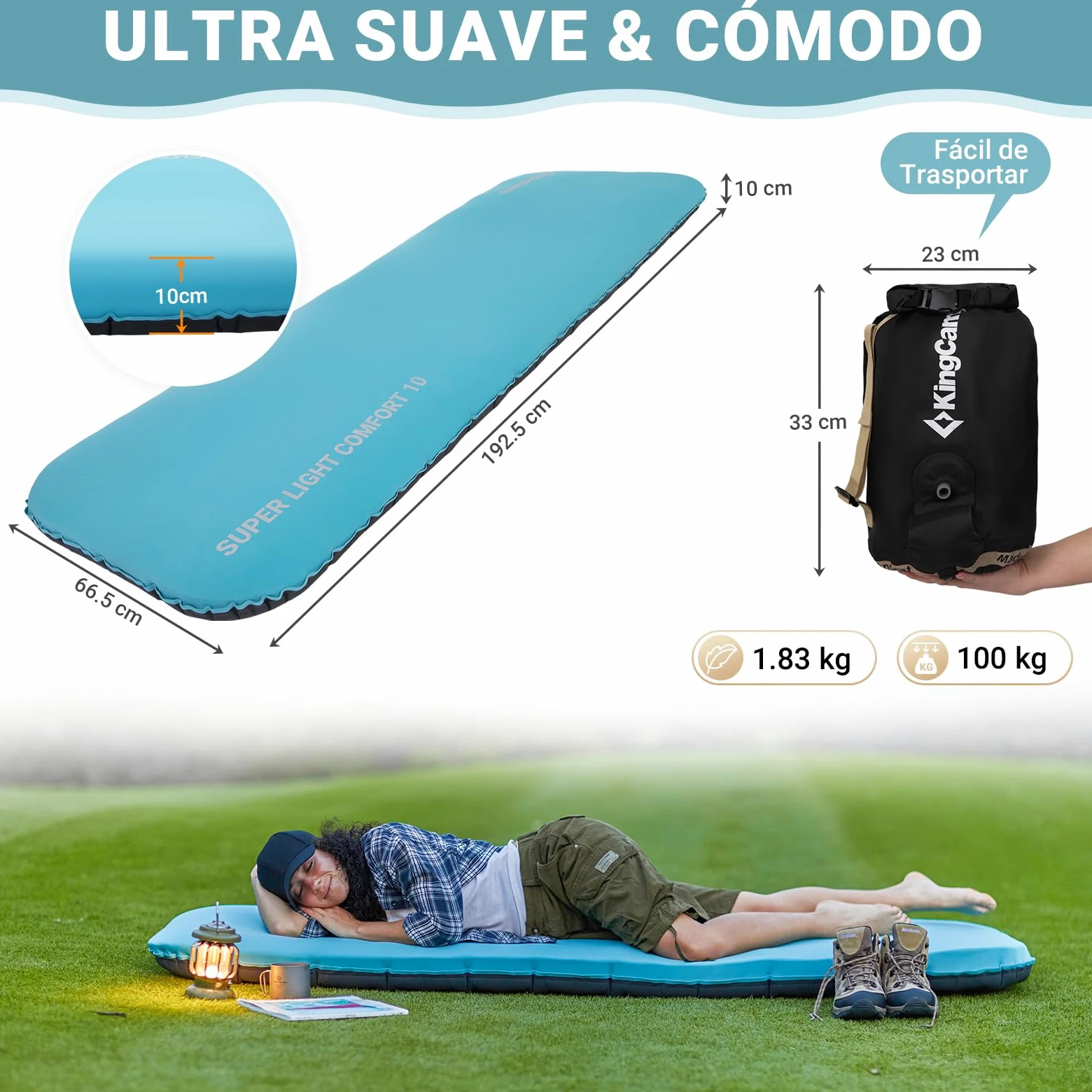 KingCamp colchoneta Inflable de Camping colchoneta Espuma Memoria Individual 10 cm Espesor colchoneta Inflable colchoneta de Camping Suave 50D TPU elástico Impermeable para Senderismo mochilero
