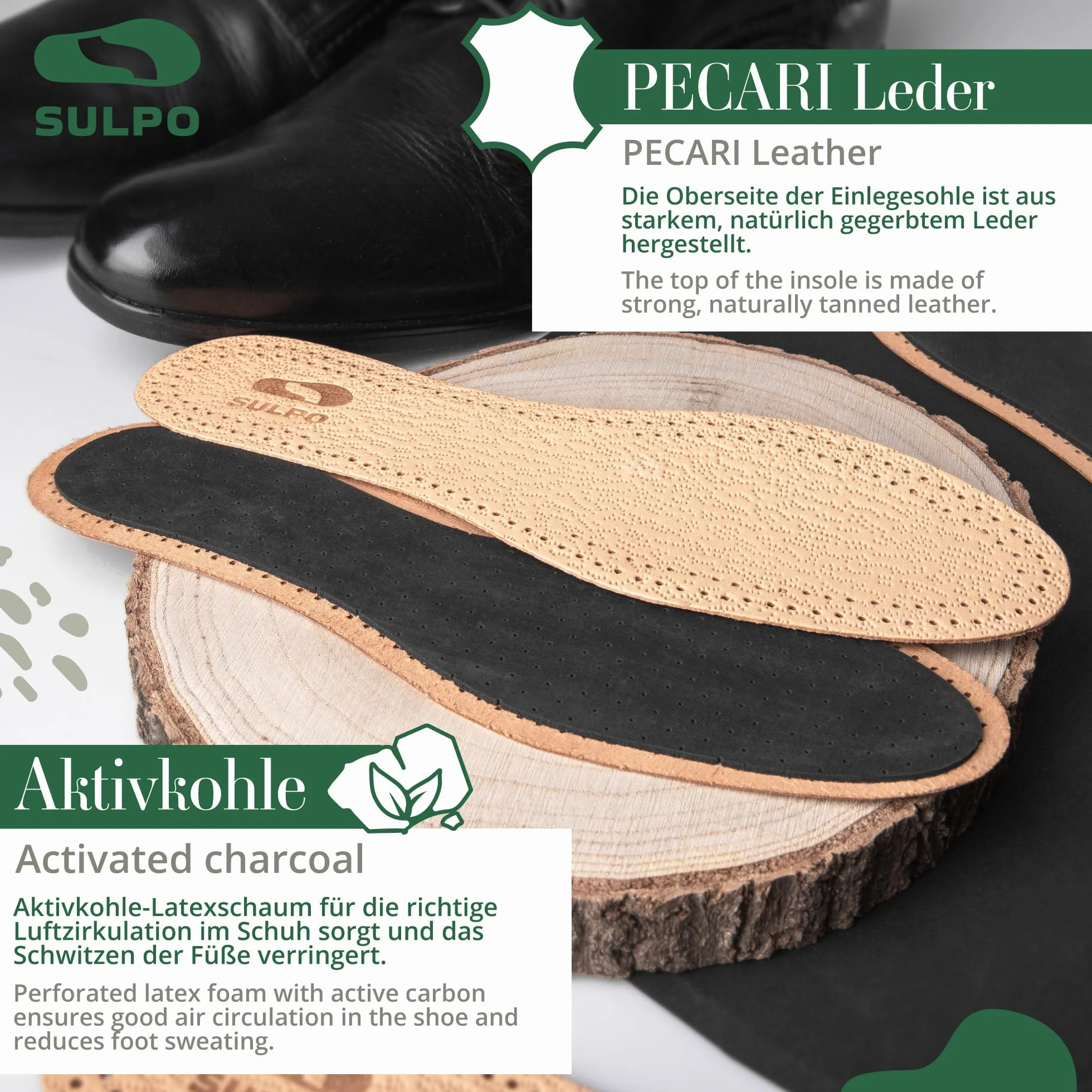 SULPO 3 pares plantillas piel auténtica carbón activado absorben olores antisudor transpirable