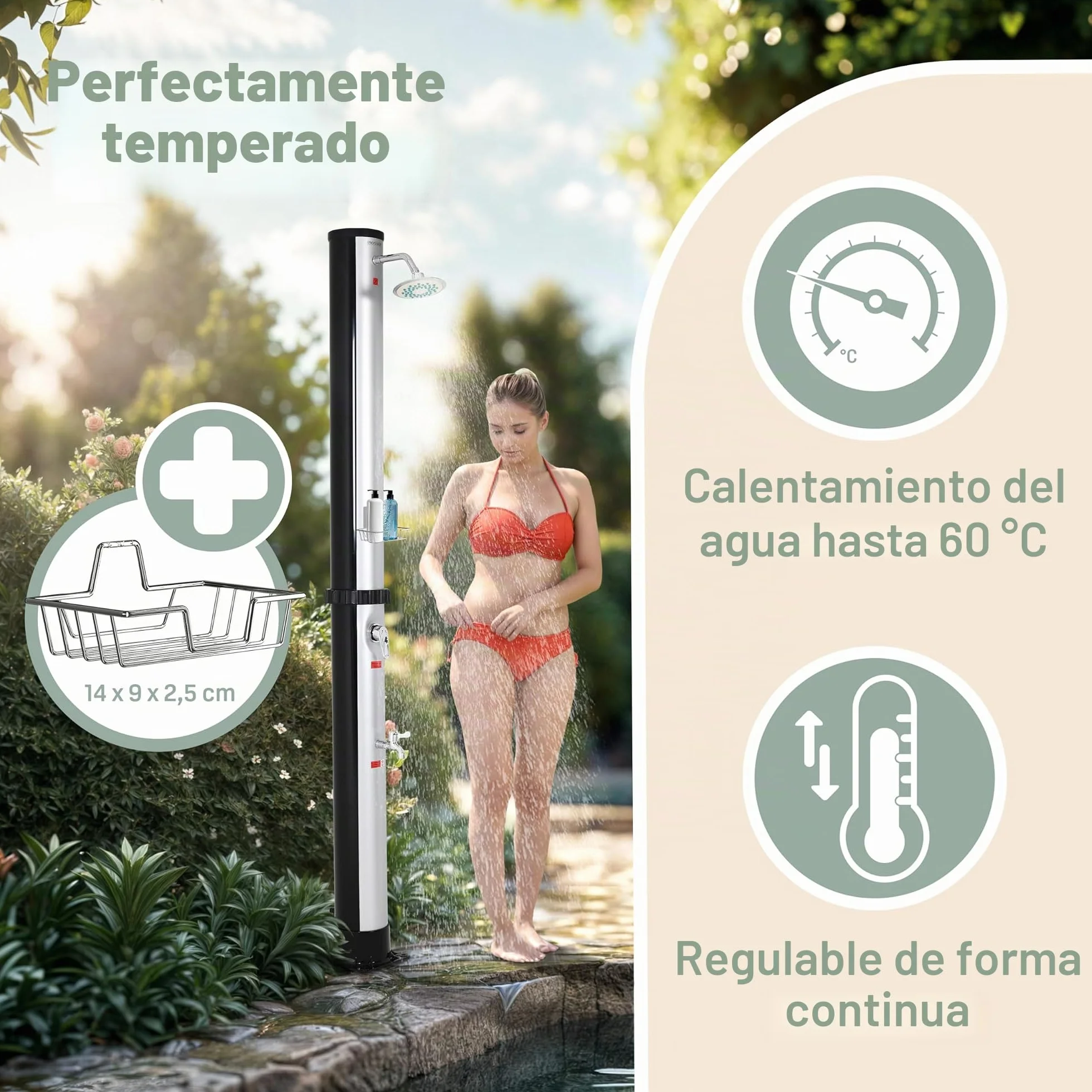 Monzana® Ducha Solar de Jardín 35L 216cm Piscina Cabezal Grande Ducha de Pies Agua Caliente 60°C