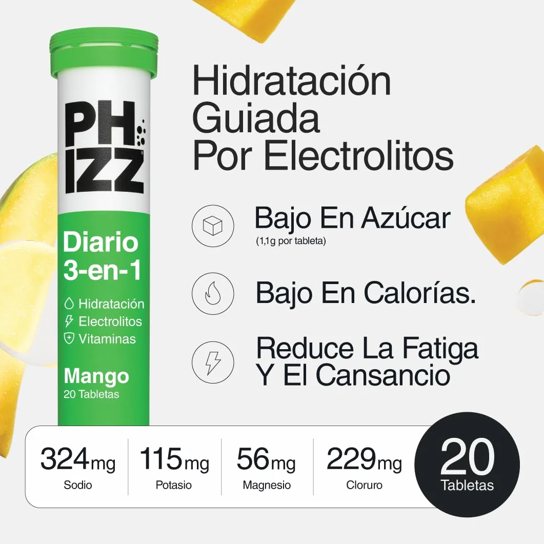 Phizz Electrolitos Multivitaminas e Hidratación Efervescente Comprimidos 18 Vitaminas y Minerales Vitamina C 60 Pastilla Mango