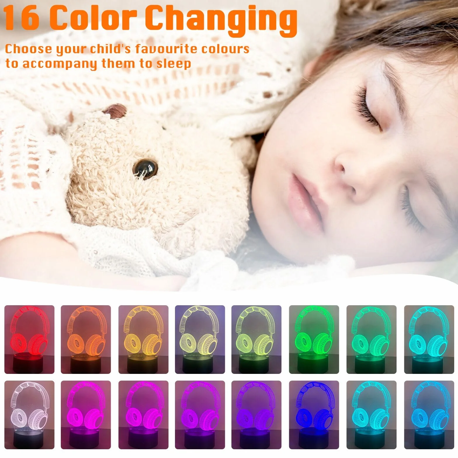 Luz nocturna 3D para niños, auriculares de ilusión óptica, 16 colores, decoración de cumpleaños Navidad Halloween