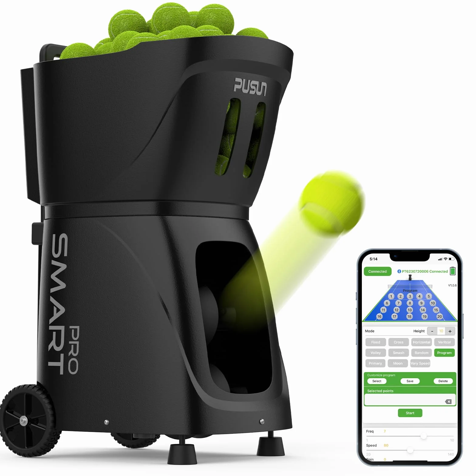 PUSUN PT-Smart Pro Máquina Lanzapelotas de Tenis Profesional Control App Remoto 12 Modos Entrenamiento 4-6 Horas Batería