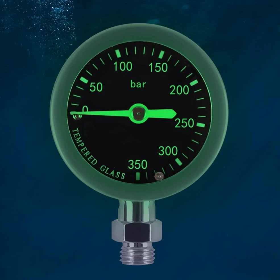 Medidor de presión de buceo con manguera tejida de fibra de carbono (rosa) | Rosca 7/16-20UNF, luminosa para esfera para agua oscura, rotación de 360 grados, alta estabilidad de hasta 300 bares