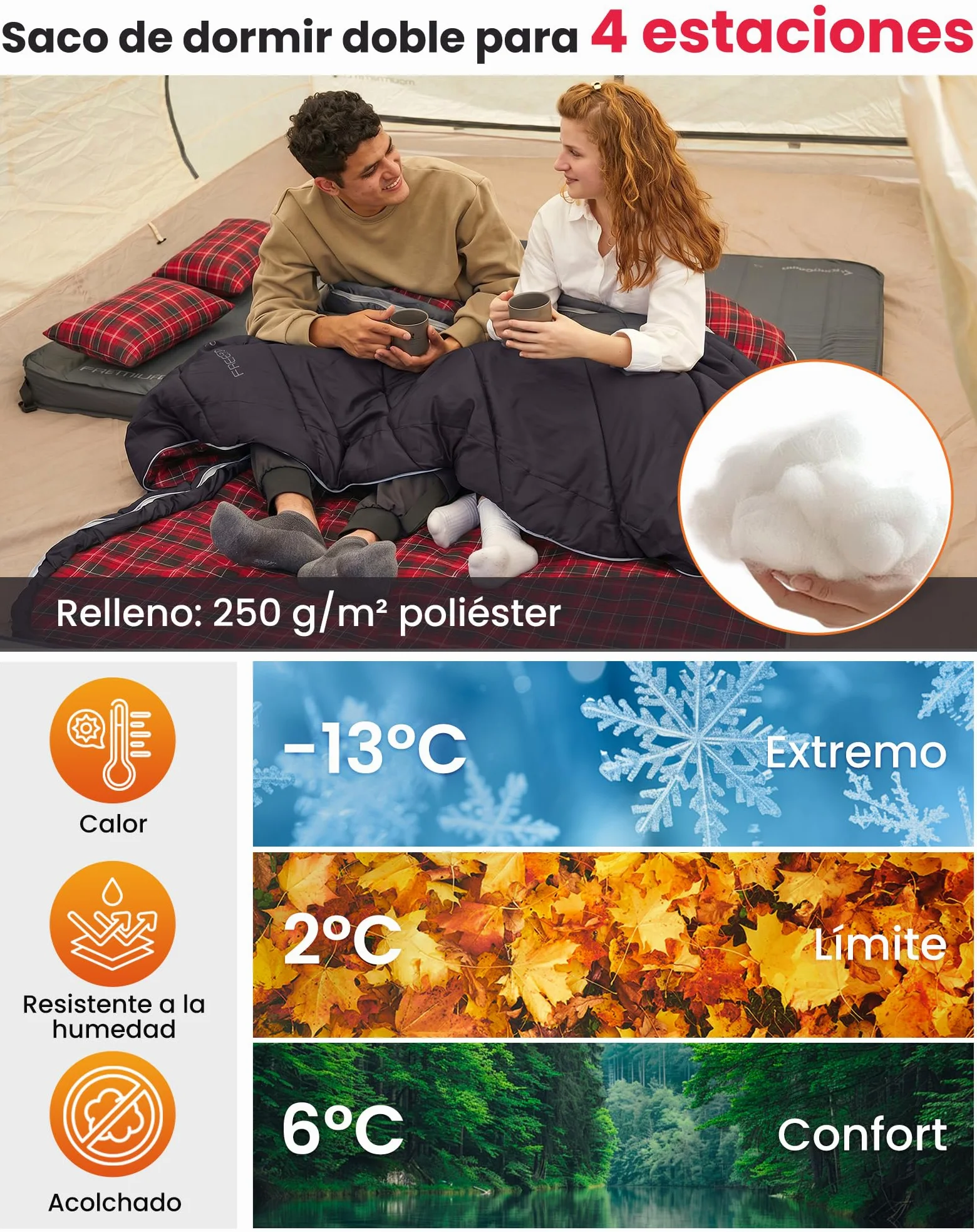KingCamp Saco de Dormir Doble de Franela de algodón para 2 Personas - Abrigado para Invierno, 3-4 Estaciones, Incluye 2 Almohadas - Ideal para Camping, Viajes y Actividades al Aire Libre