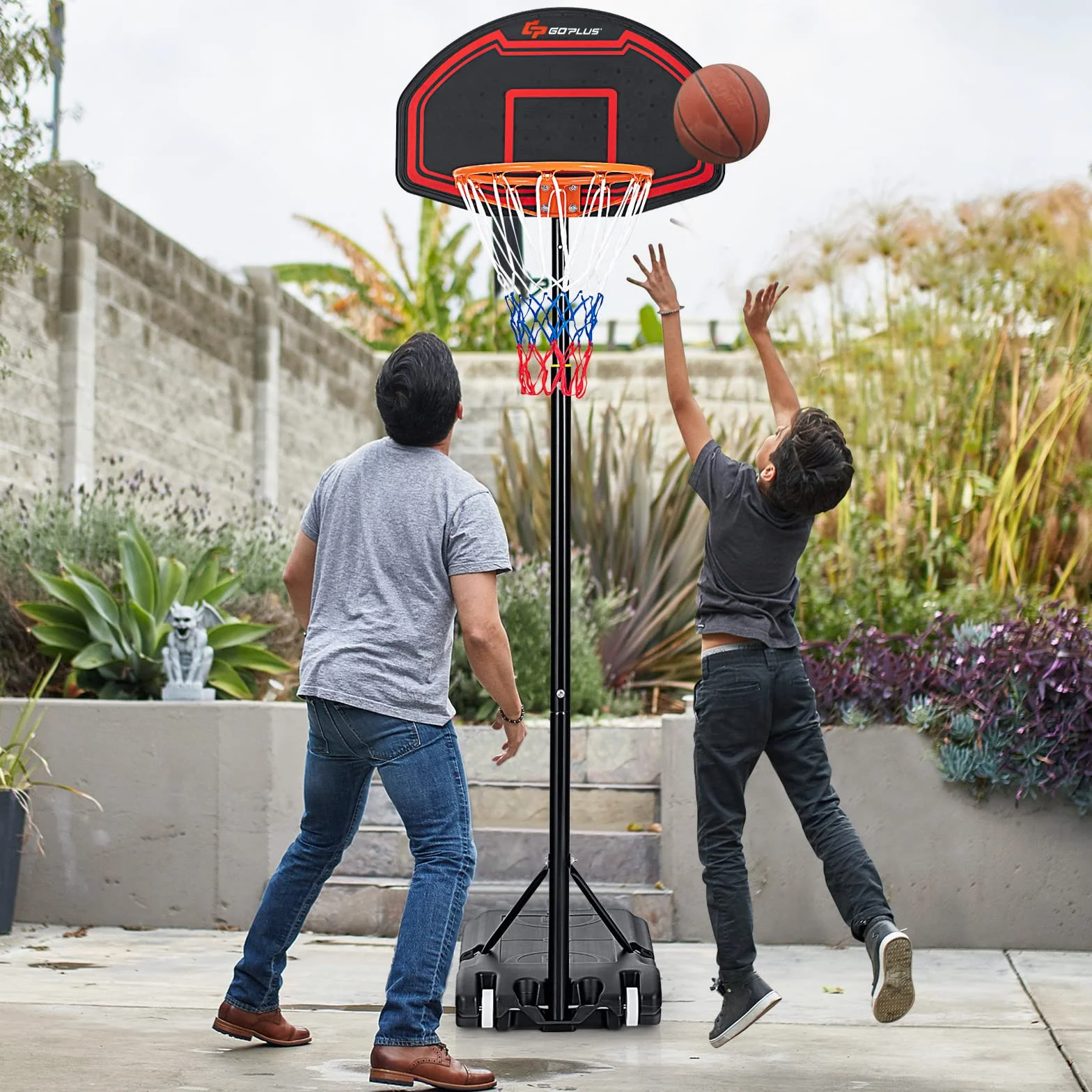 COSTWAY Canasta de Baloncesto para Niños, Soporte Regulable 192-247 cm, Tablero Inastillable, Portátil con Ruedas Rojo.Negro