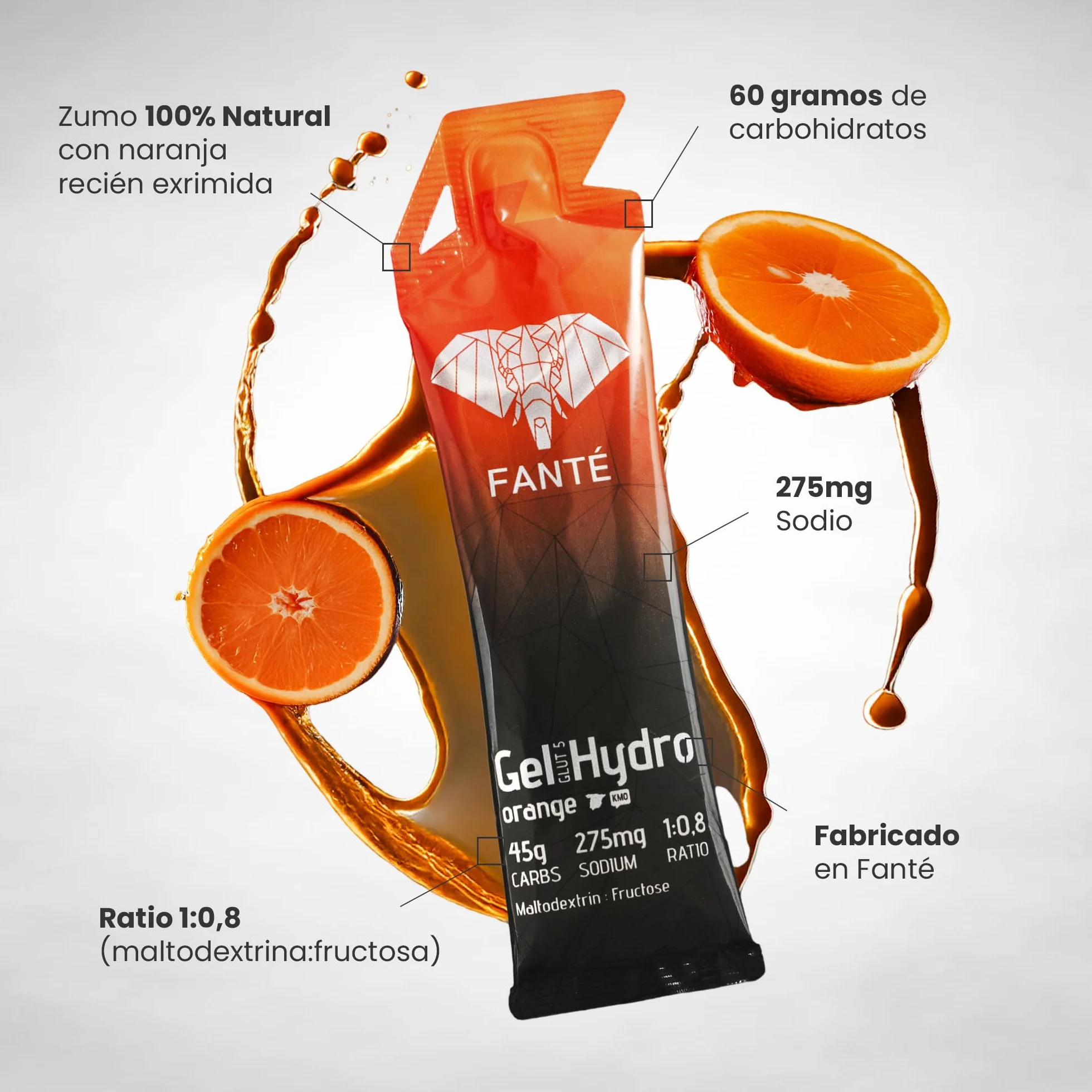 Gel Fanté Hydro 45 Naranja 275mg Sodio Gel Energético 45g Sin Cafeína Hidratación Energía Natural