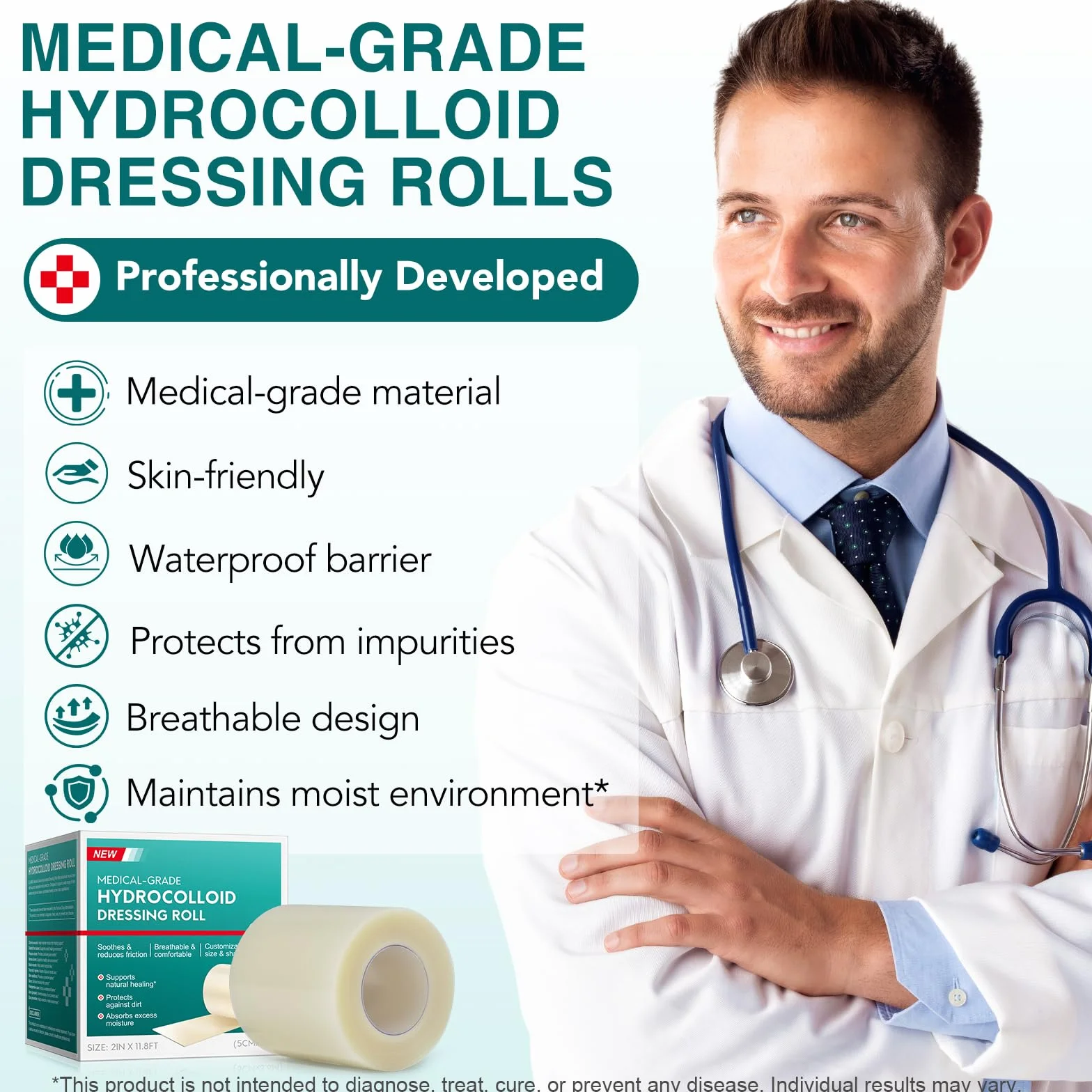 Rollo de Hidrocoloide para el Cuidado de Heridas, 5 cm x 3,6 m, Cinta Impermeable Recortable
