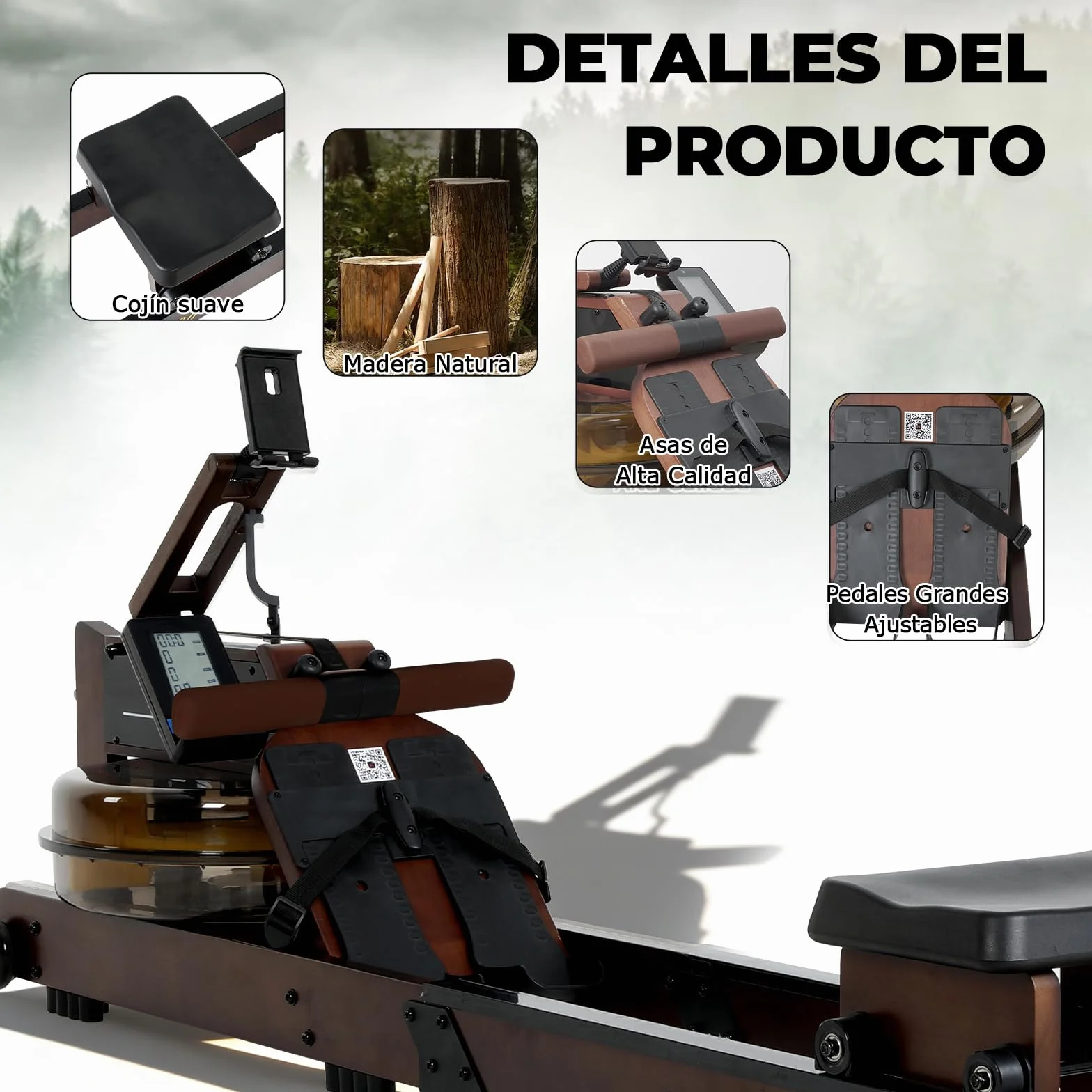ISE Máquina de Remo de Agua de Madera de Roble, Remeros de Casa con Bomba de Agua Manual, Pantalla LED Ángulo Ajustable, App, Soporte para Tableta