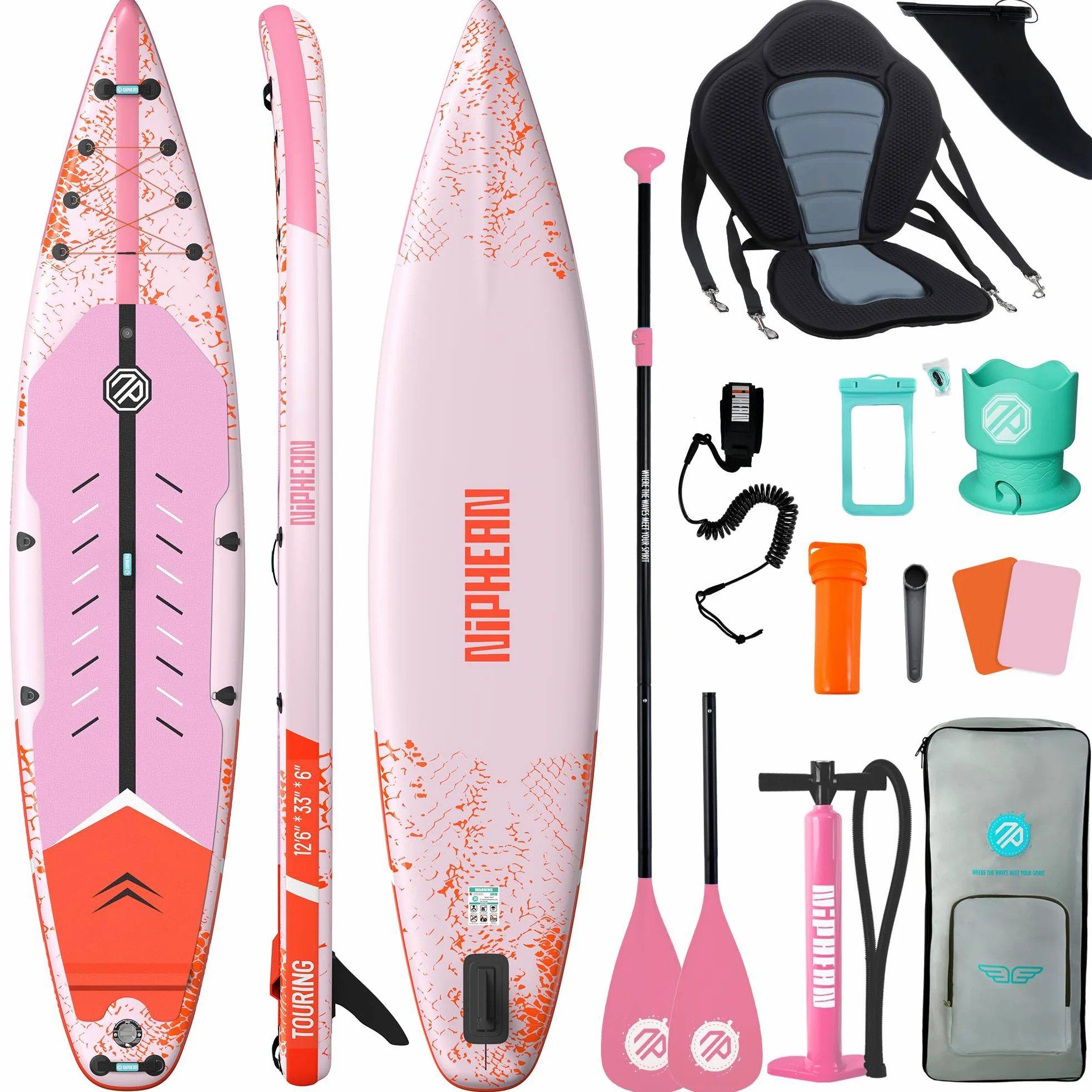 Niphean 380cm Tabla Paddle Surf Hinchable, Sup Touring con Accesorios | Tabla Padel Surf Rígida 280kg para Adultos y Principiantes, Kick Pad, Antideslizante, Kit Reparación