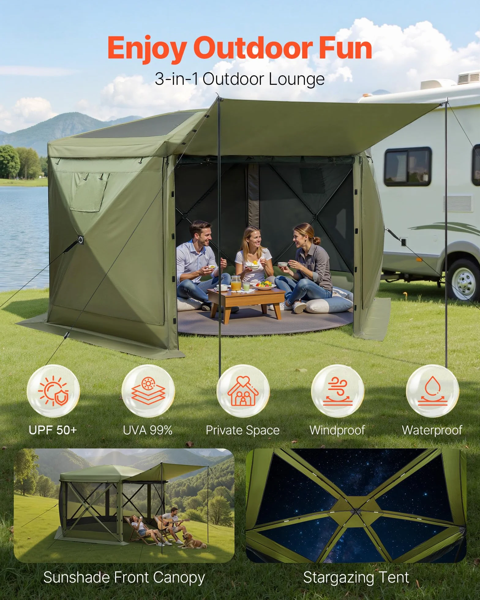 VEVOR Carpa Plegable de 6 Lados 3 x 3 m, Pérgola de Jardín con Techo Desmontable y Bolsa de Transporte, Carpa de Exterior para 6 a 8 Personas, para Fiesta, Camping, Playa, Patio, Jardín, Verde