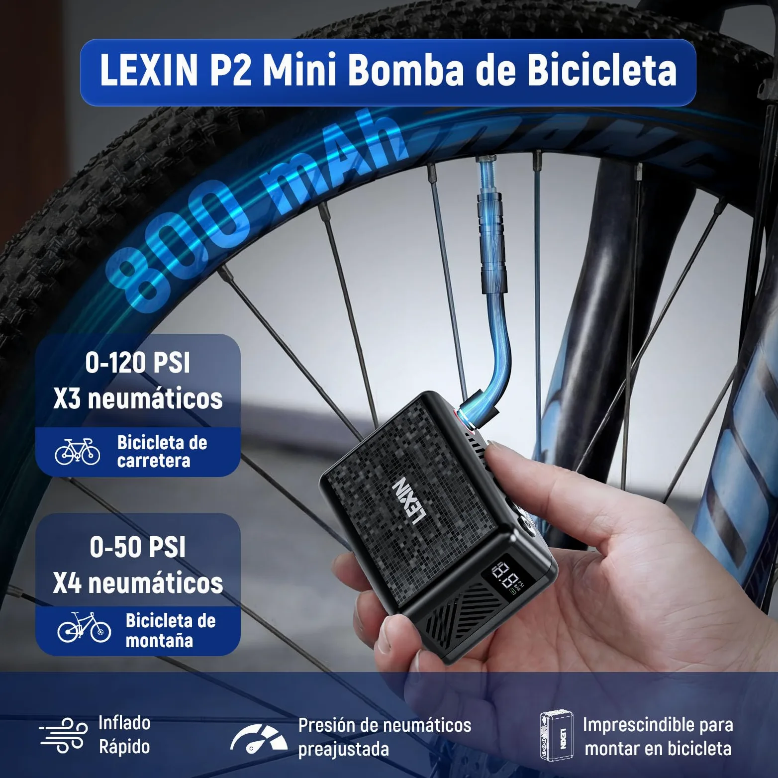 LEXIN P2 Mini Bomba para Bicicleta, 130 PSI, Ultra-Ligero, Pantalla LCD | Compresor Portátil para Bicicleta con Batería 700mAh, Válvulas Presta y Schrader, para Bicicleta/Moto/Bola/Scooter
