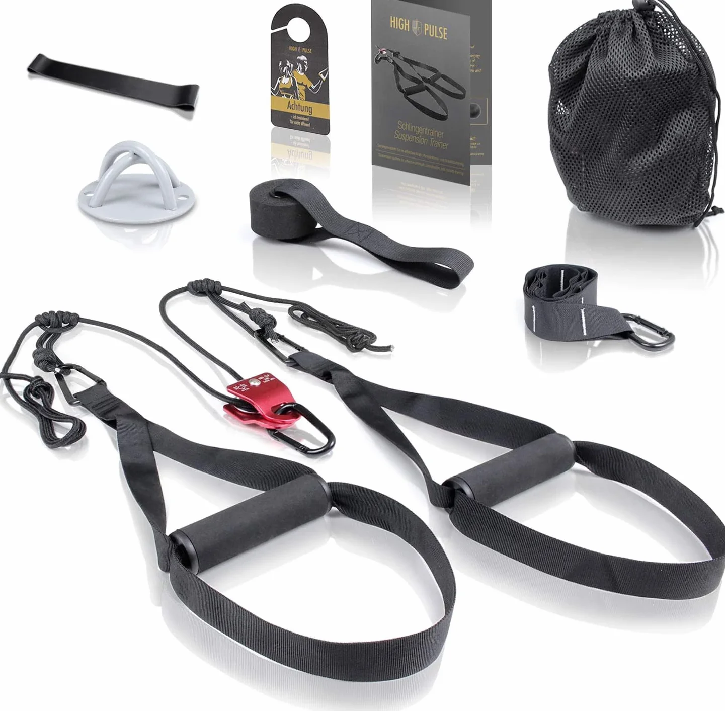 High Pulse Entrenamiento Suspension (7 Piezas) – Kit Fitness + polea, Anclaje para Puerta, fijación para Pared, póster, Cartel para Puerta, Funda y Banda de Resistencia