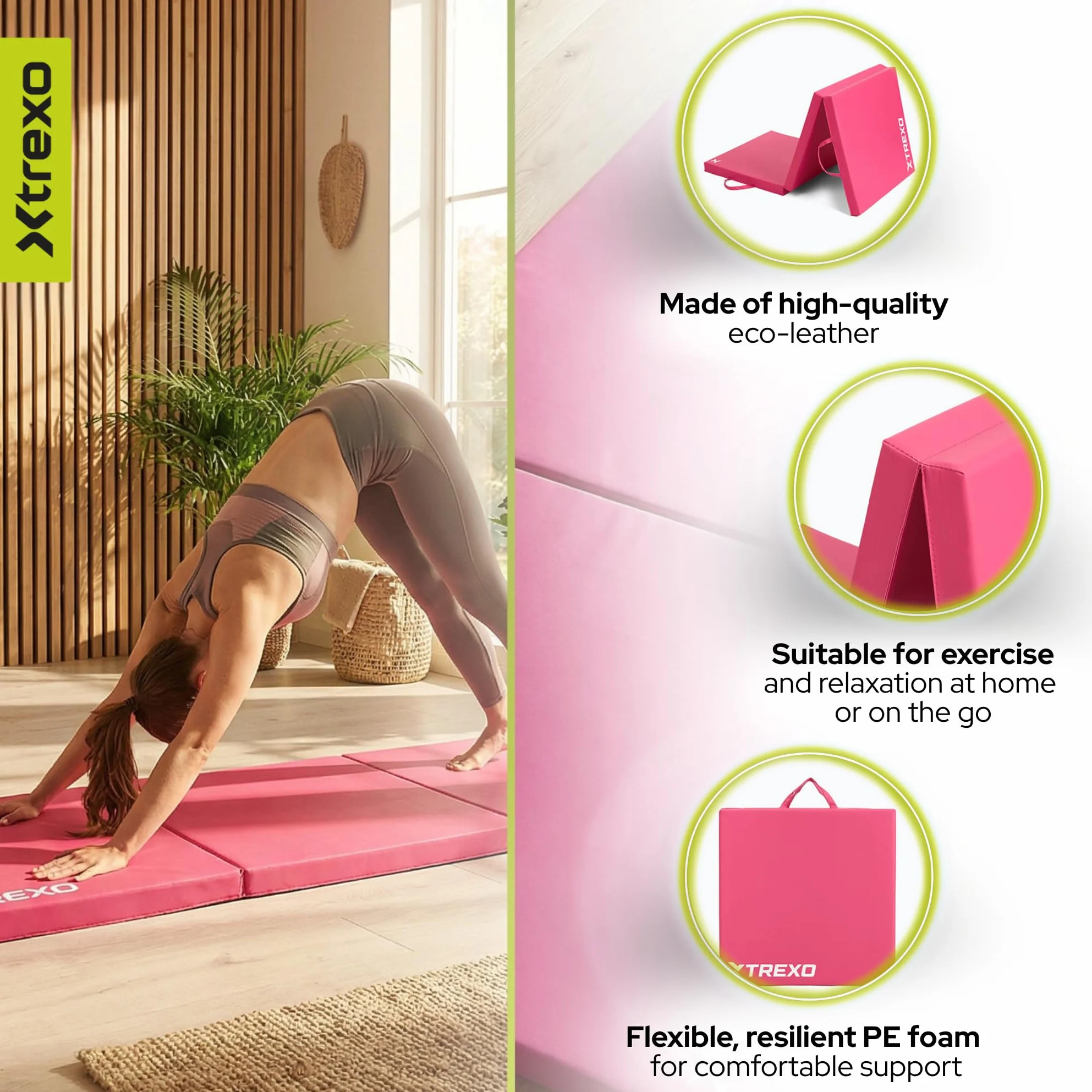 TREXO Colchón de gimnasia plegable 180x60x5 cm 3 piezas funda piel ecológica resistente abrasión espuma polietileno flexible