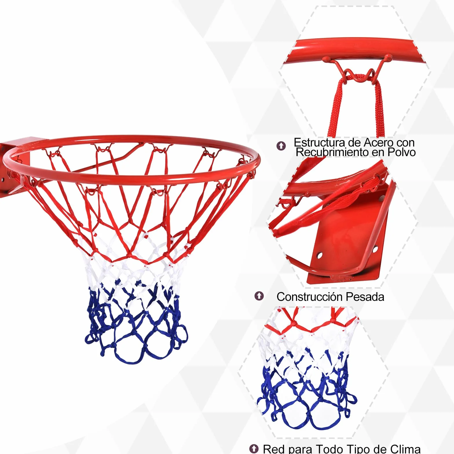 HOMCOM Canasta de Baloncesto de Pared Ø46 cm Aro con Red Marco Metálico 12 Ganchos Rojo