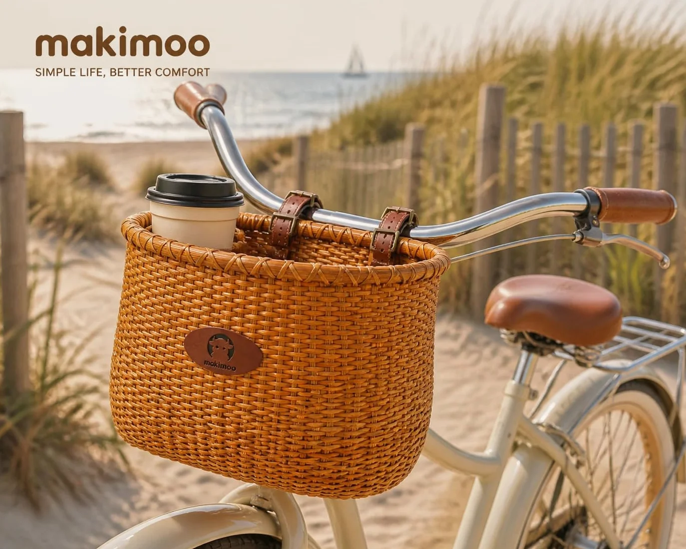 Cesta de mimbre para bicicleta de mujer con portavasos, estilo vintage