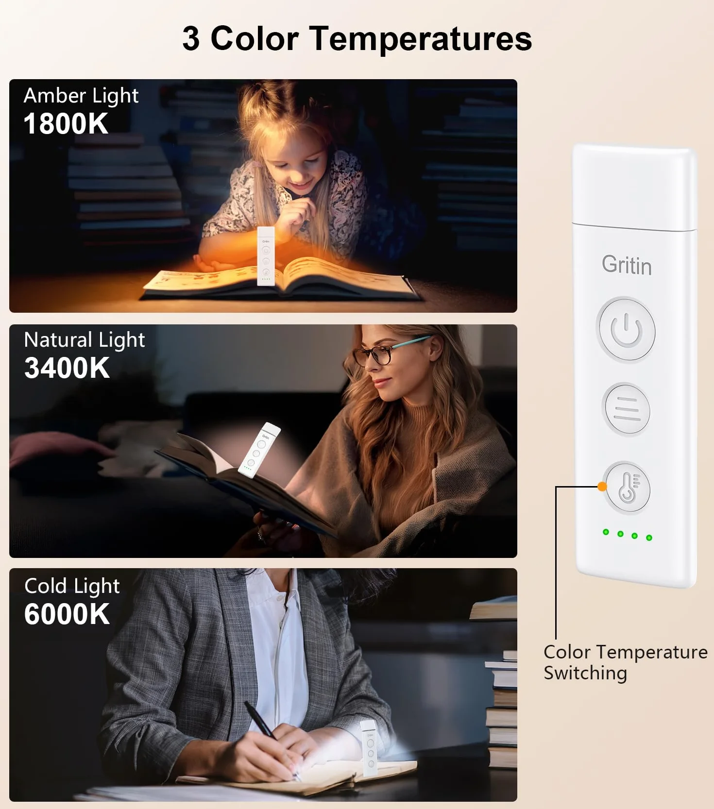 Gritin Lámpara de Lectura Recargable con Pinzas, 3 Colores Protección Ocular, 5 Brillos Ajustables