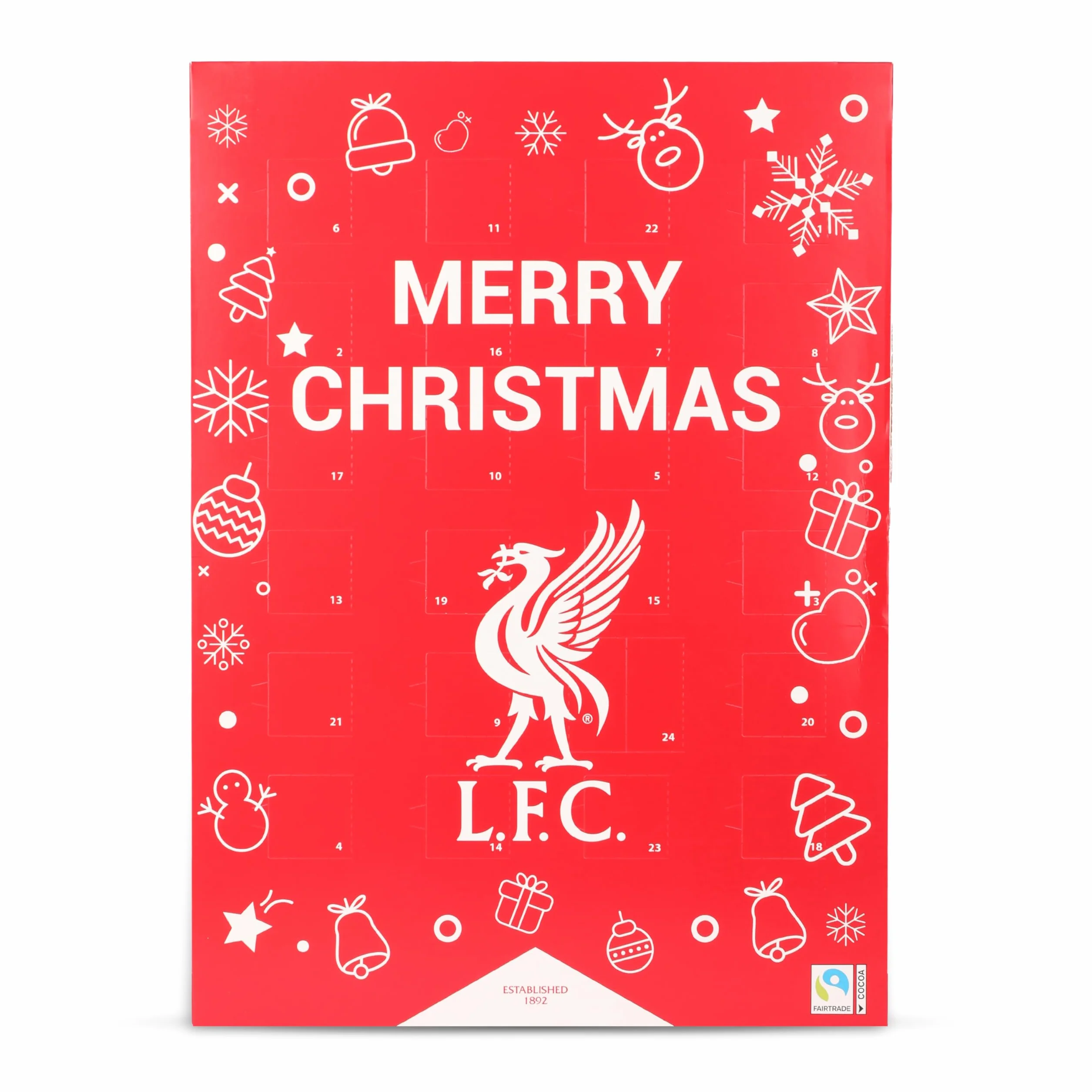 Gunz Calendario de adviento de chocolate del Liverpool FC de comercio justo, calendario de Navidad con 24 sorpresas de chocolate (120 g) + postal en la parte posterior – Regalo de Adviento para